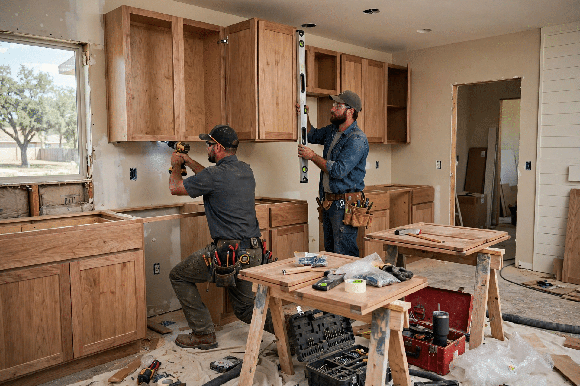 JBN contractor reviewing kitchen plans with homeowners near the Denton Square