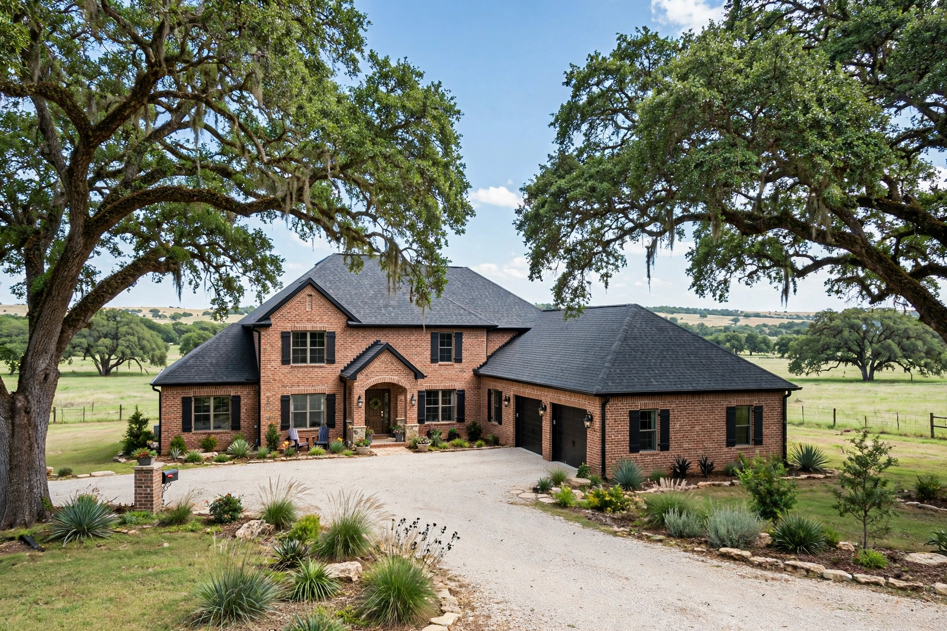 Brick home addition exterior tied into the existing roofline on a large treed lot
