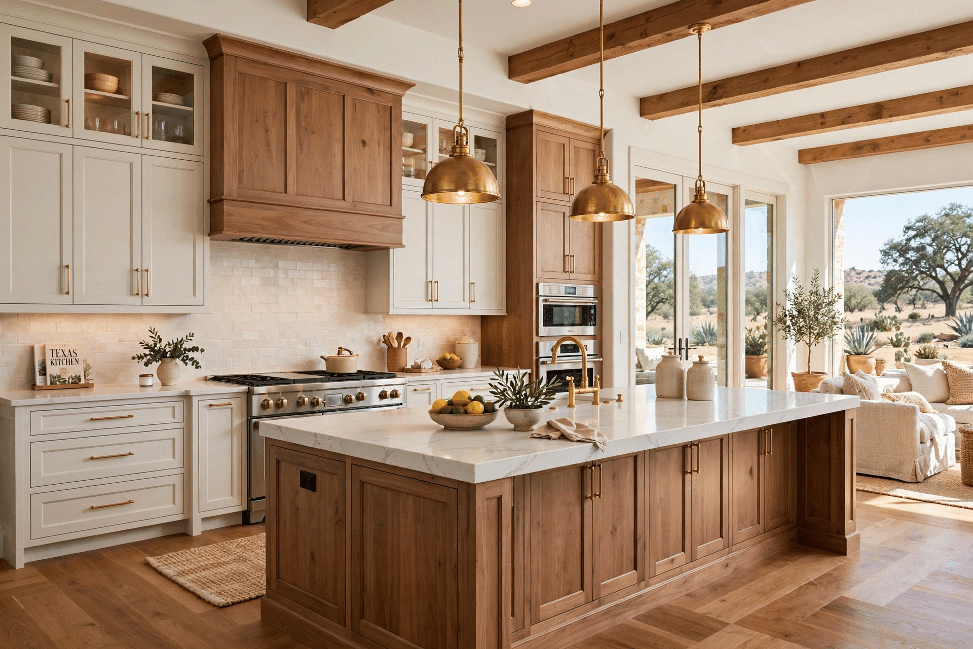 Remodeled luxury kitchen with custom cabinets, quartz island, and brass pendant lights