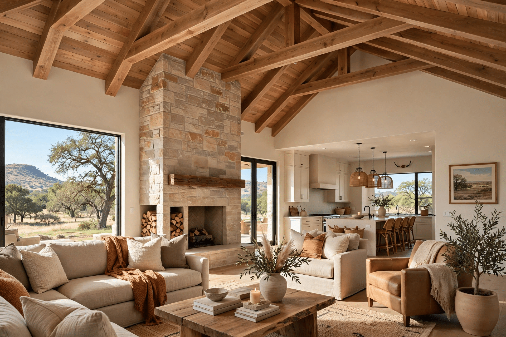 Open-concept living room after a whole-home remodel with vaulted wood-beam ceilings