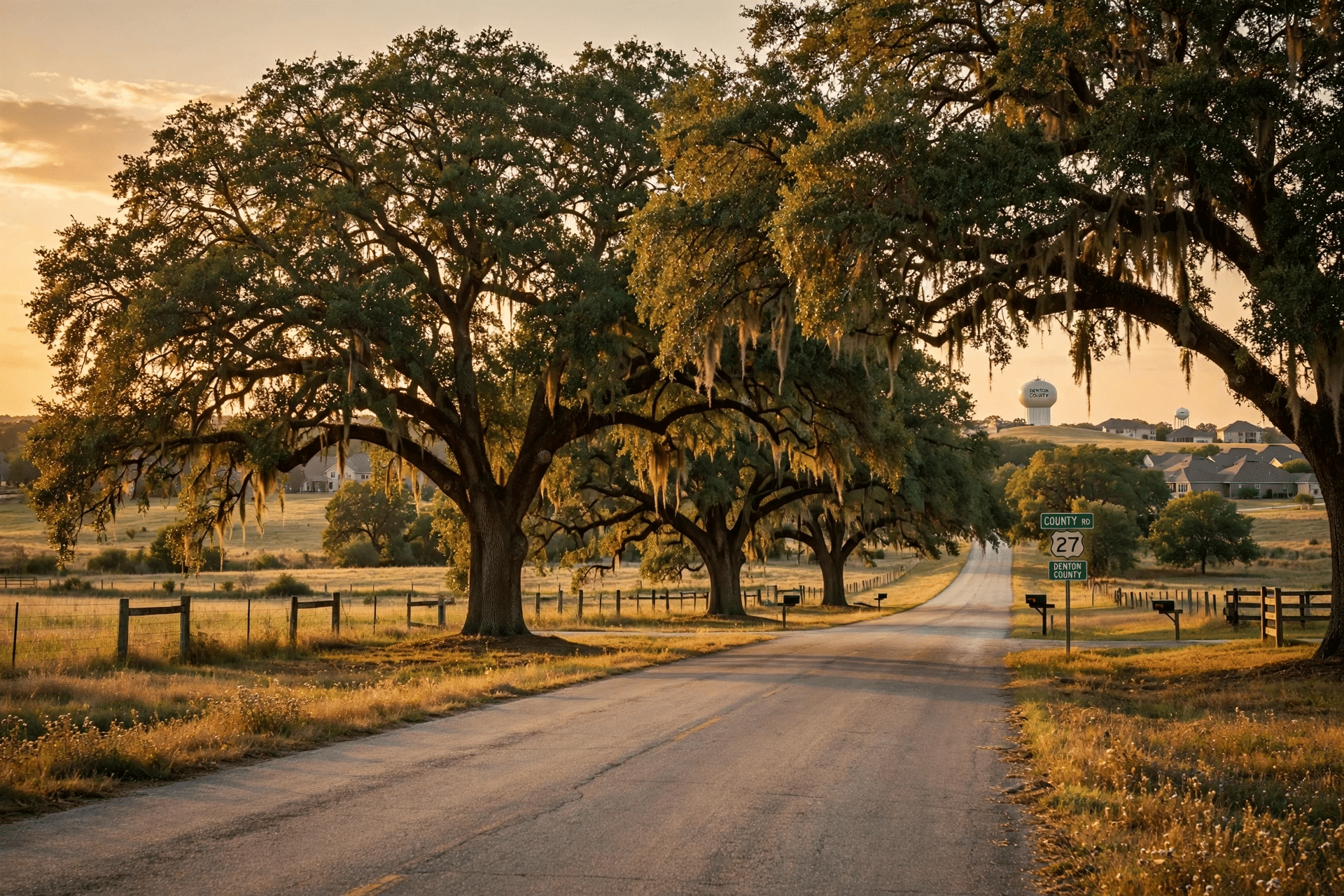 Mature oak trees along a quiet country road in Double Oak Texas at golden hour