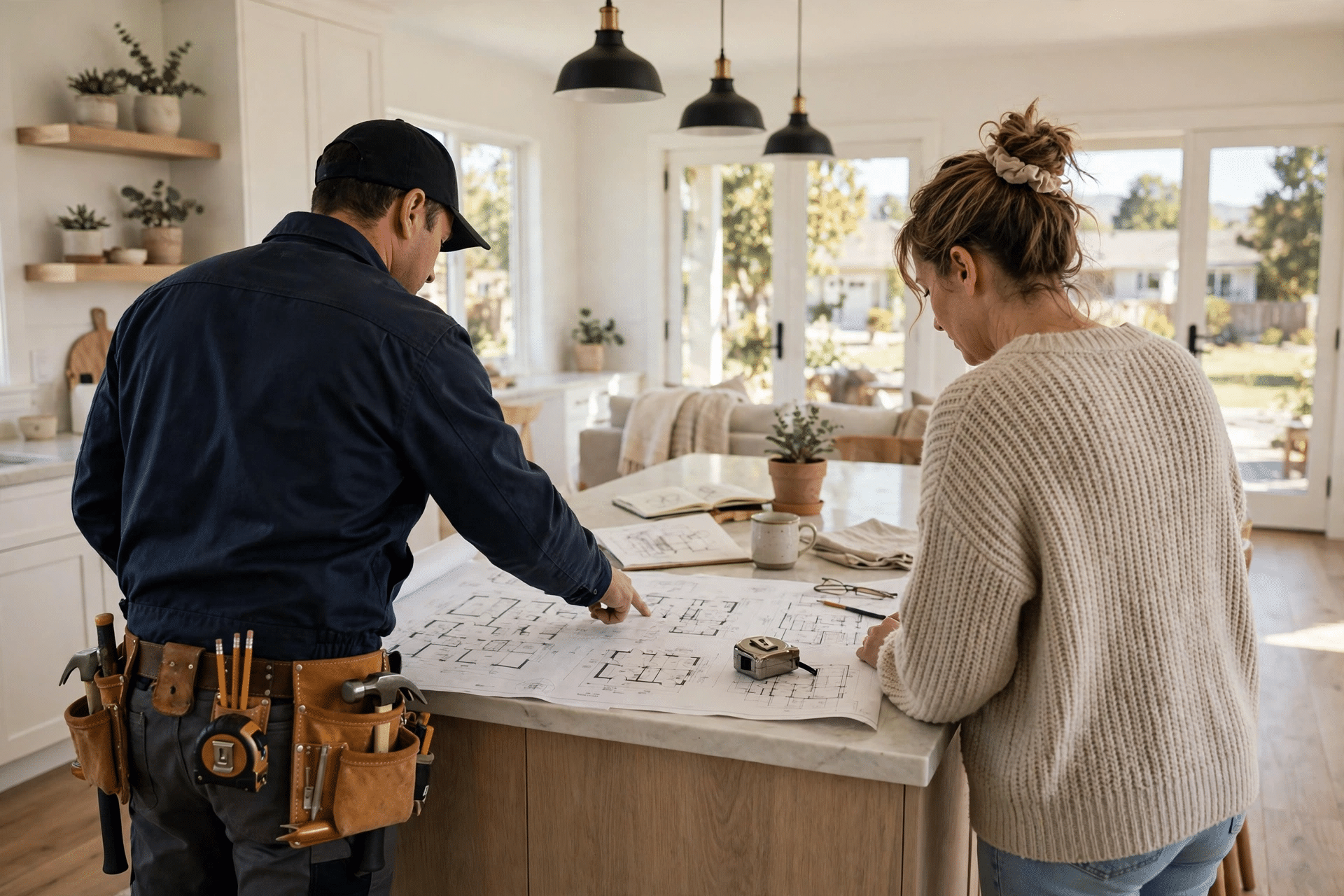 Contractor reviewing kitchen plans with Flower Mound homeowners