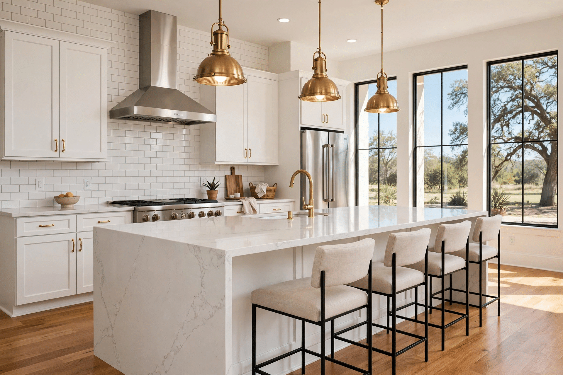 Remodeled modern kitchen with white shaker cabinets, quartz waterfall island, and brass pendant lights