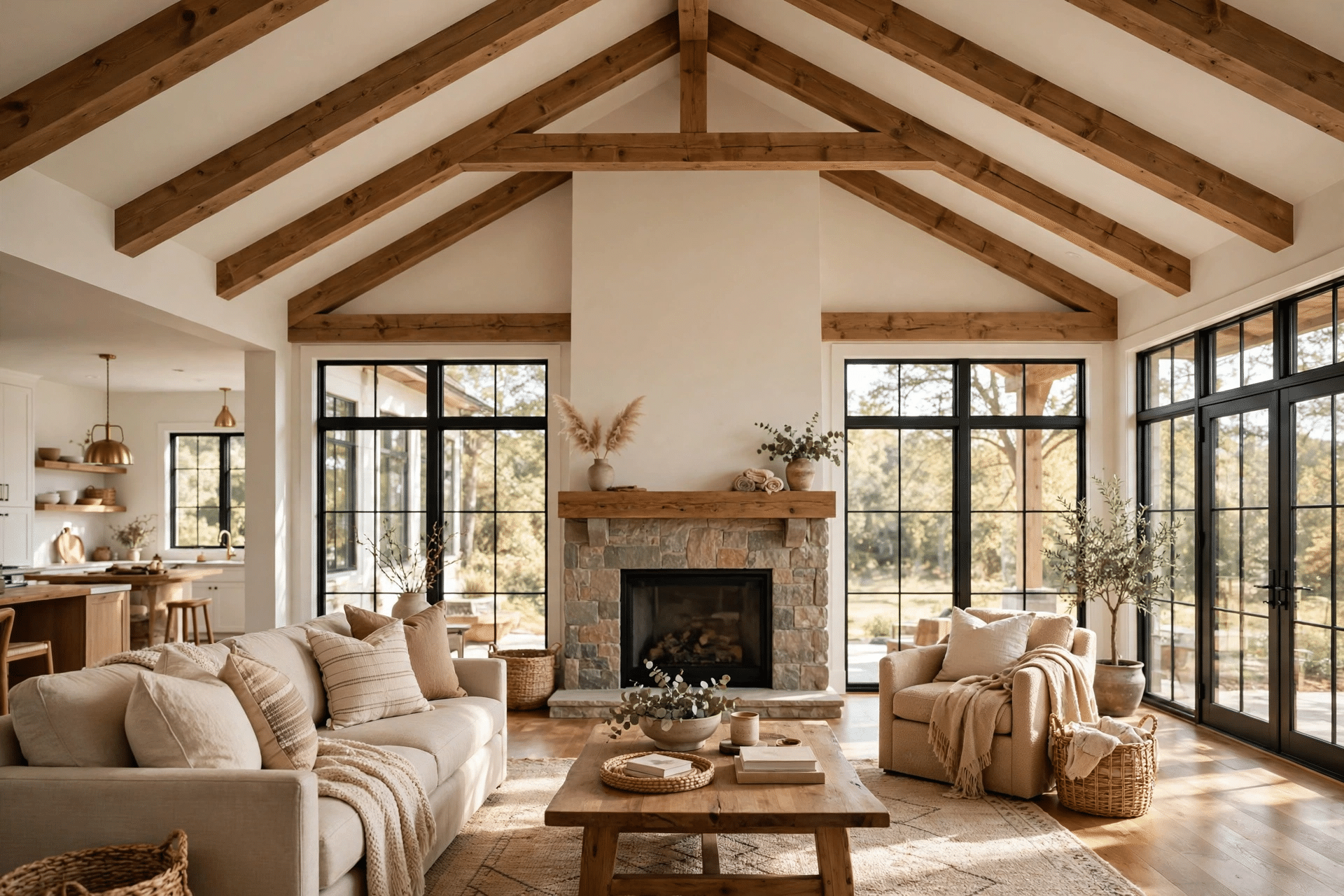 Open-concept living room after a whole-home remodel with vaulted wood-beam ceilings