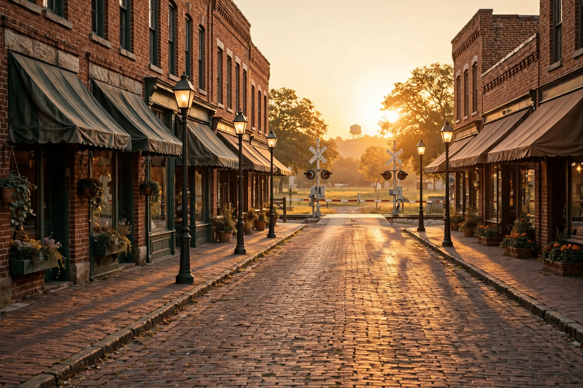 Historic brick main street in Grapevine Texas with vintage storefronts at golden hour