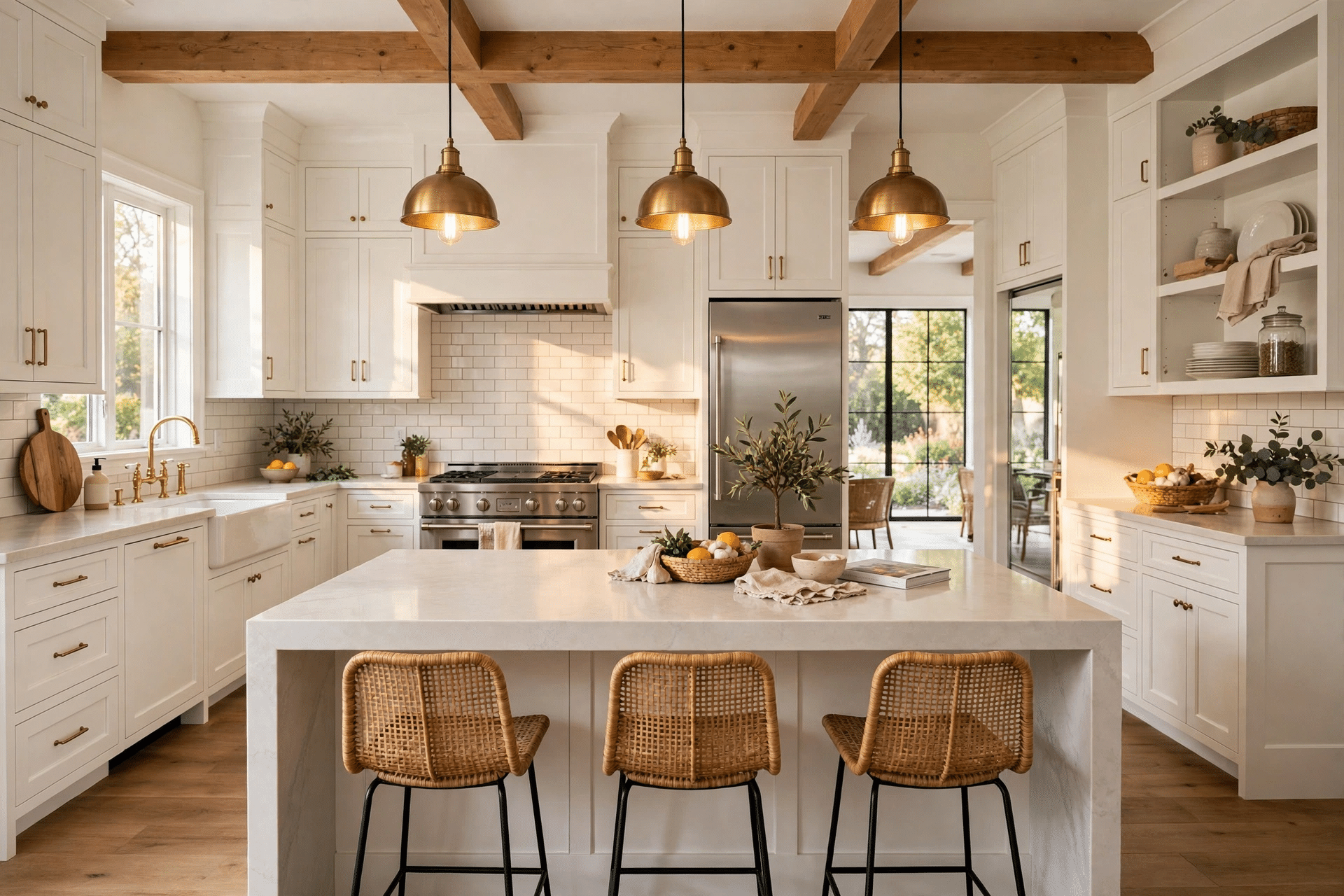 Remodeled kitchen with white shaker cabinets, quartz waterfall island, and brass pendant lights
