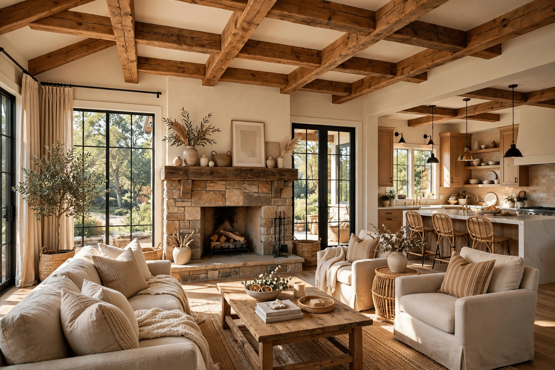 Open-concept living room after a whole-home remodel with wood beams and natural light