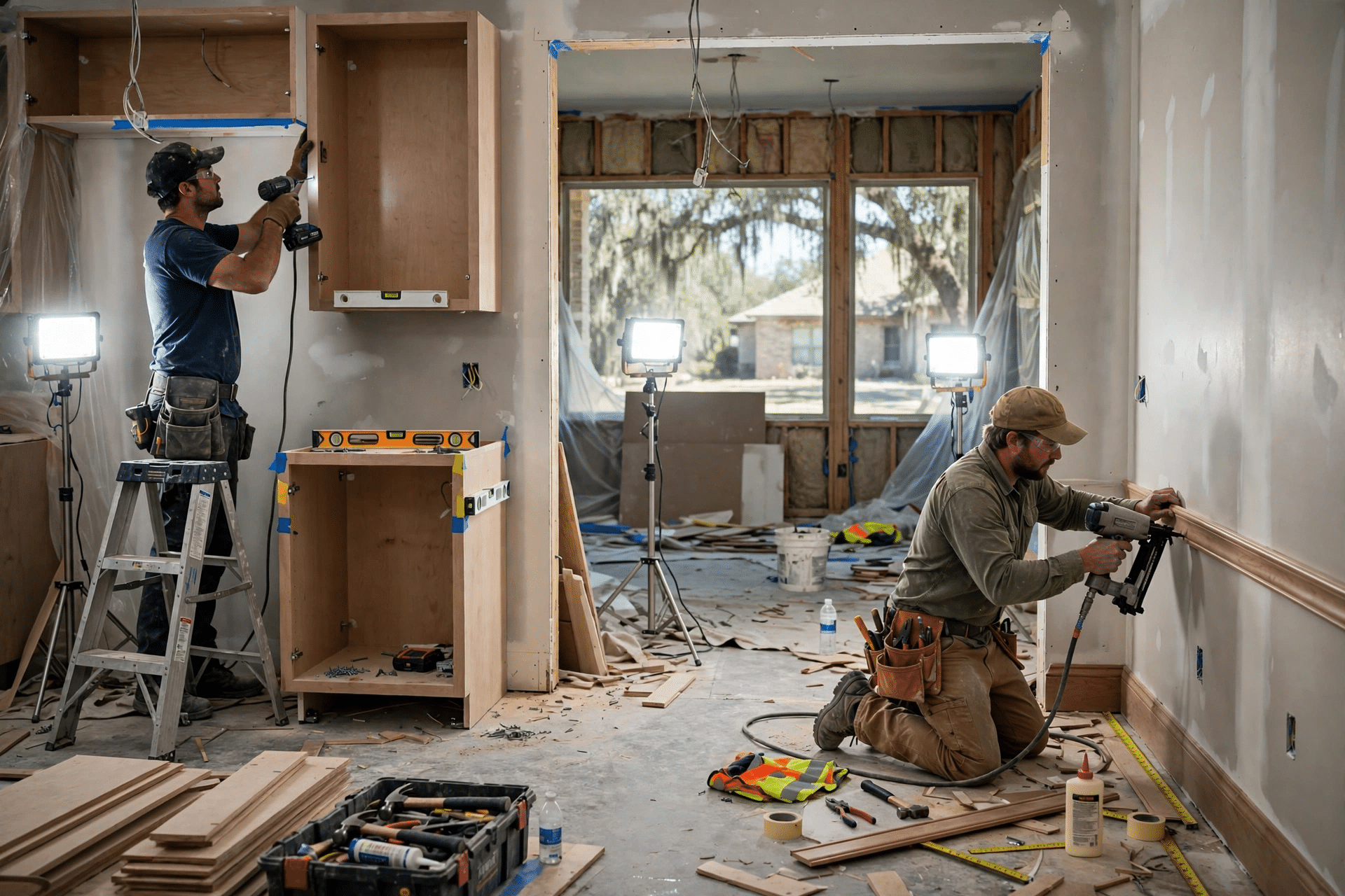 Home Remodeling Highland Village TX 2 Construction crew remodeling a Highland Village TX home installing cabinets and trim