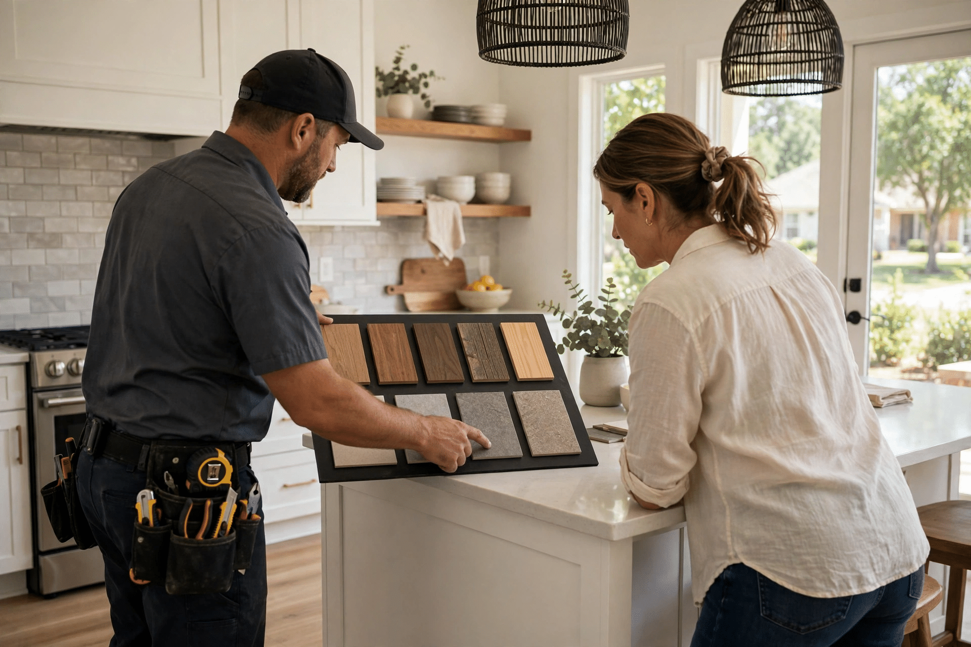 Homeowners reviewing remodel plans with a contractor in Highland Village