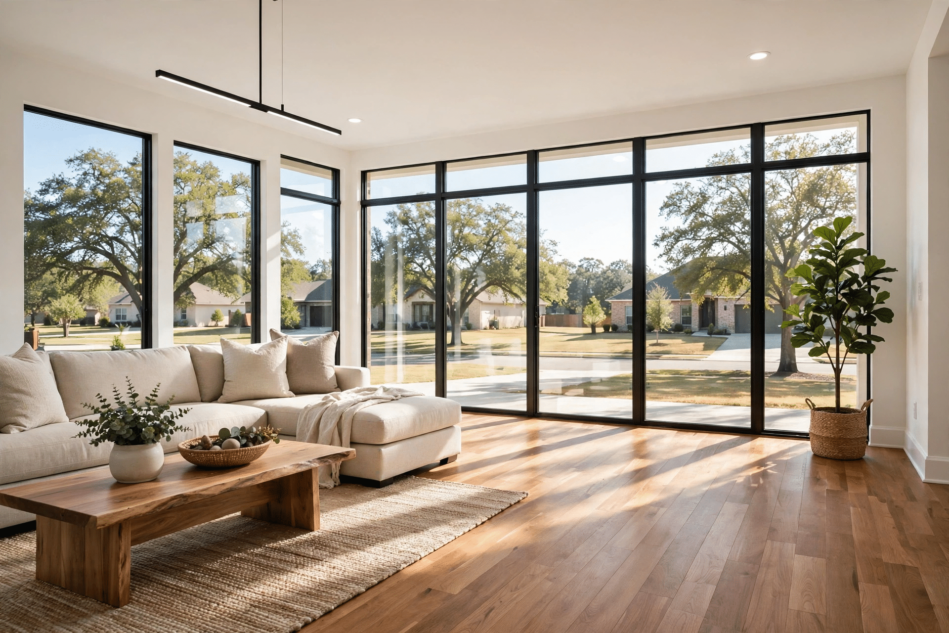 Remodeled living room with lake light in a Highland Village home