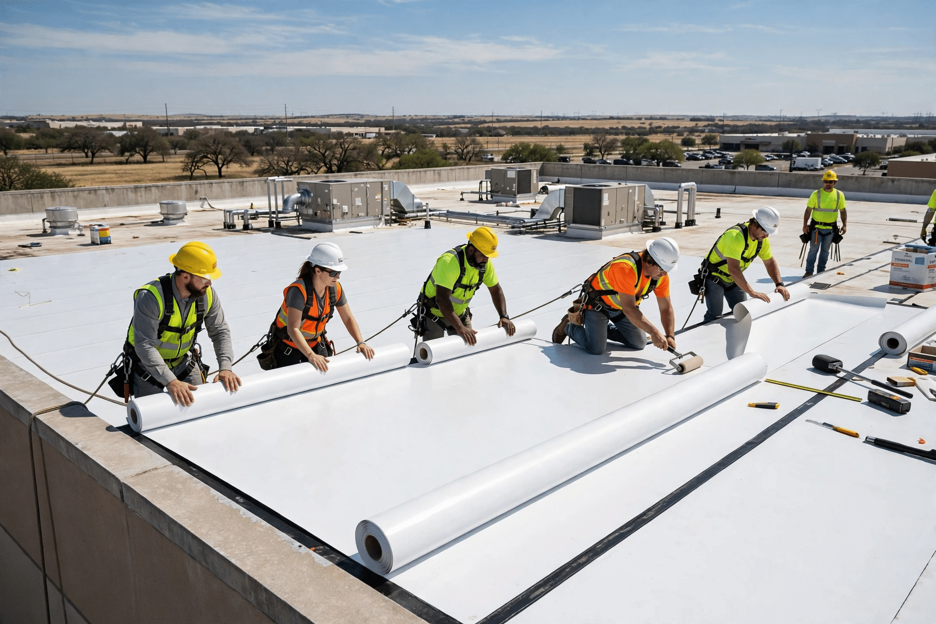 Industrial Roofing Services 1 Crew installing a white TPO membrane roof on a commercial building in North Texas