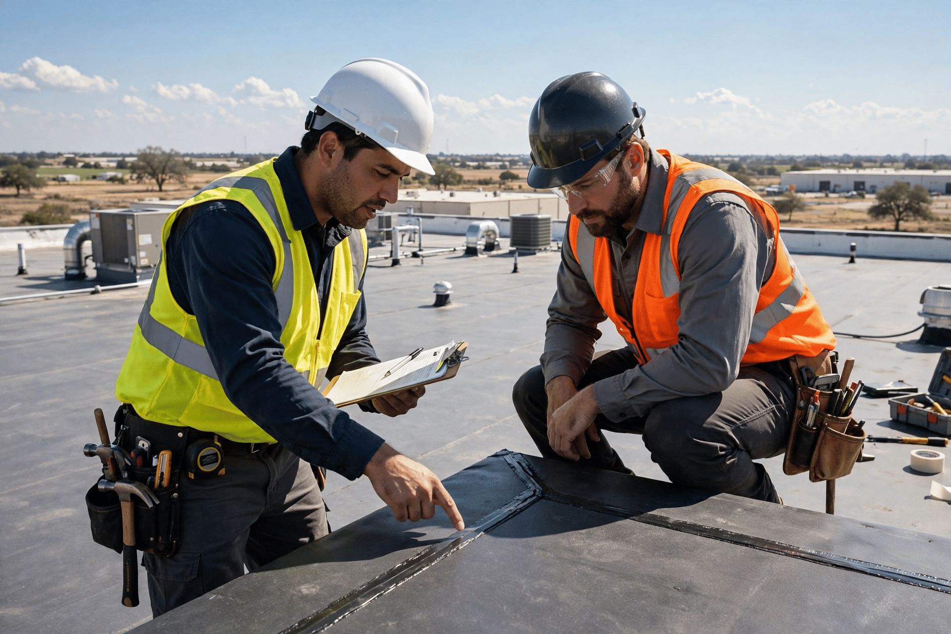 Industrial Roofing Services 3 Two roofers checking seams during a commercial roof inspection in Texas
