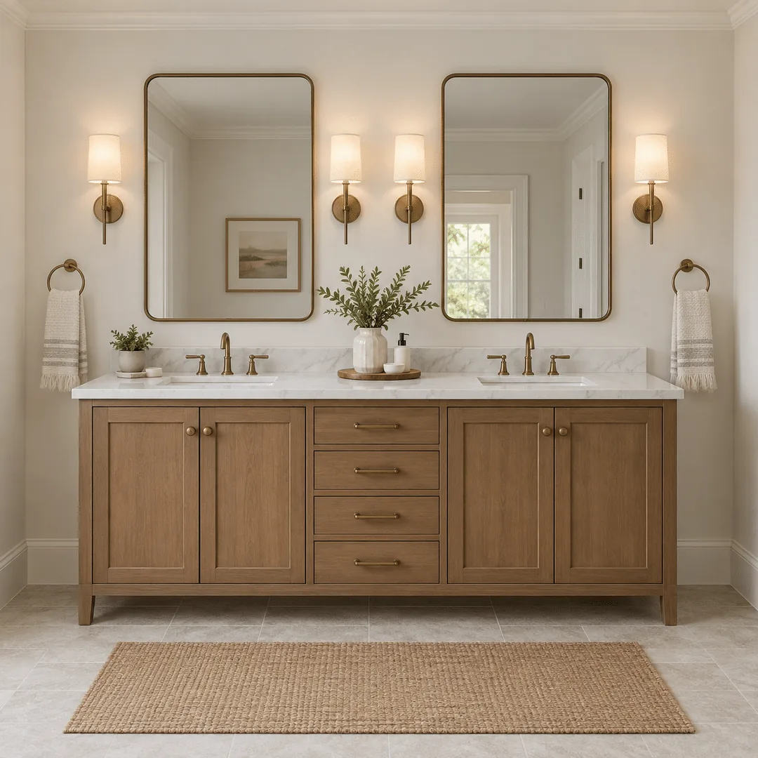 Bathroom vanity with double sinks, wide mirror, and side sconce lighting