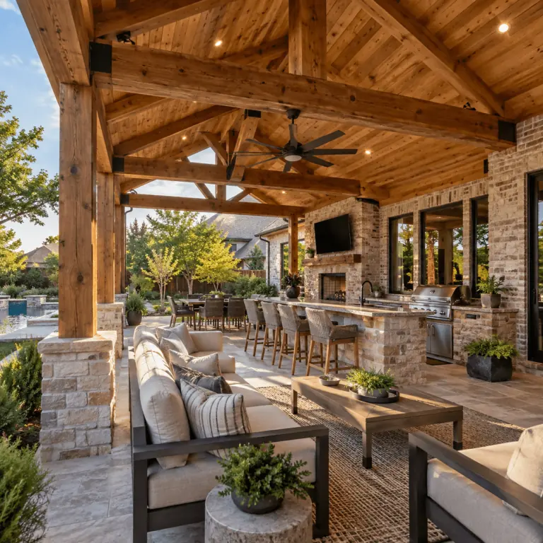 Cedar patio cover and outdoor kitchen at a North Texas home