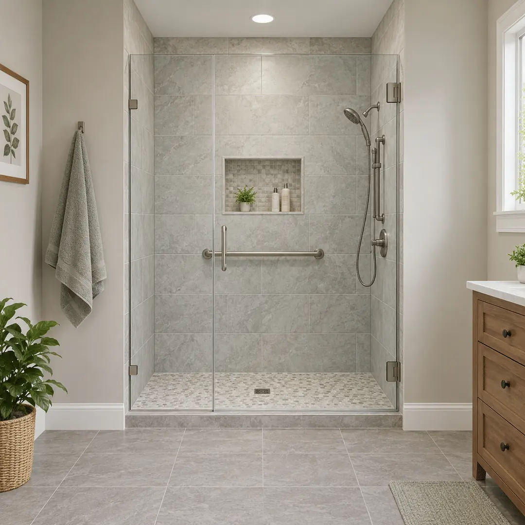 Tub-to-shower conversion with new tile surround and glass door