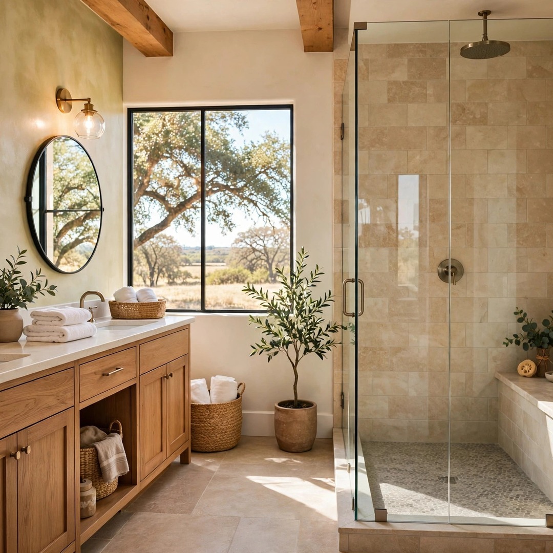 Lake Dallas TX Bathroom Remodeling - Spa-Like Bathroom with Walk-In Shower Spa-like remodeled bathroom with walk-in glass shower and double vanity