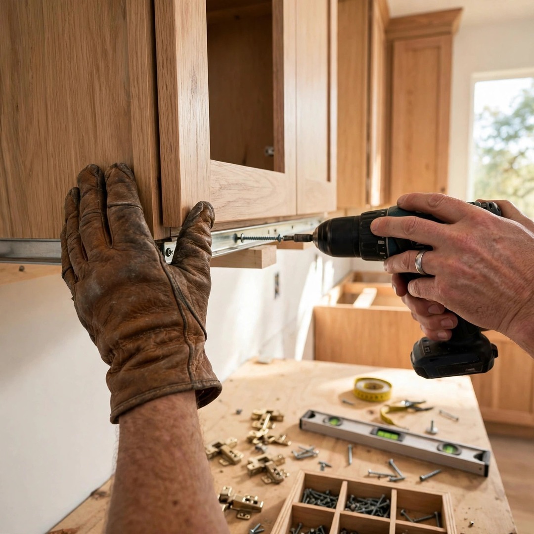 Lake Dallas TX Remodeling - Craftsman Installing Custom Cabinetry Craftsman installing custom kitchen cabinetry with careful detail
