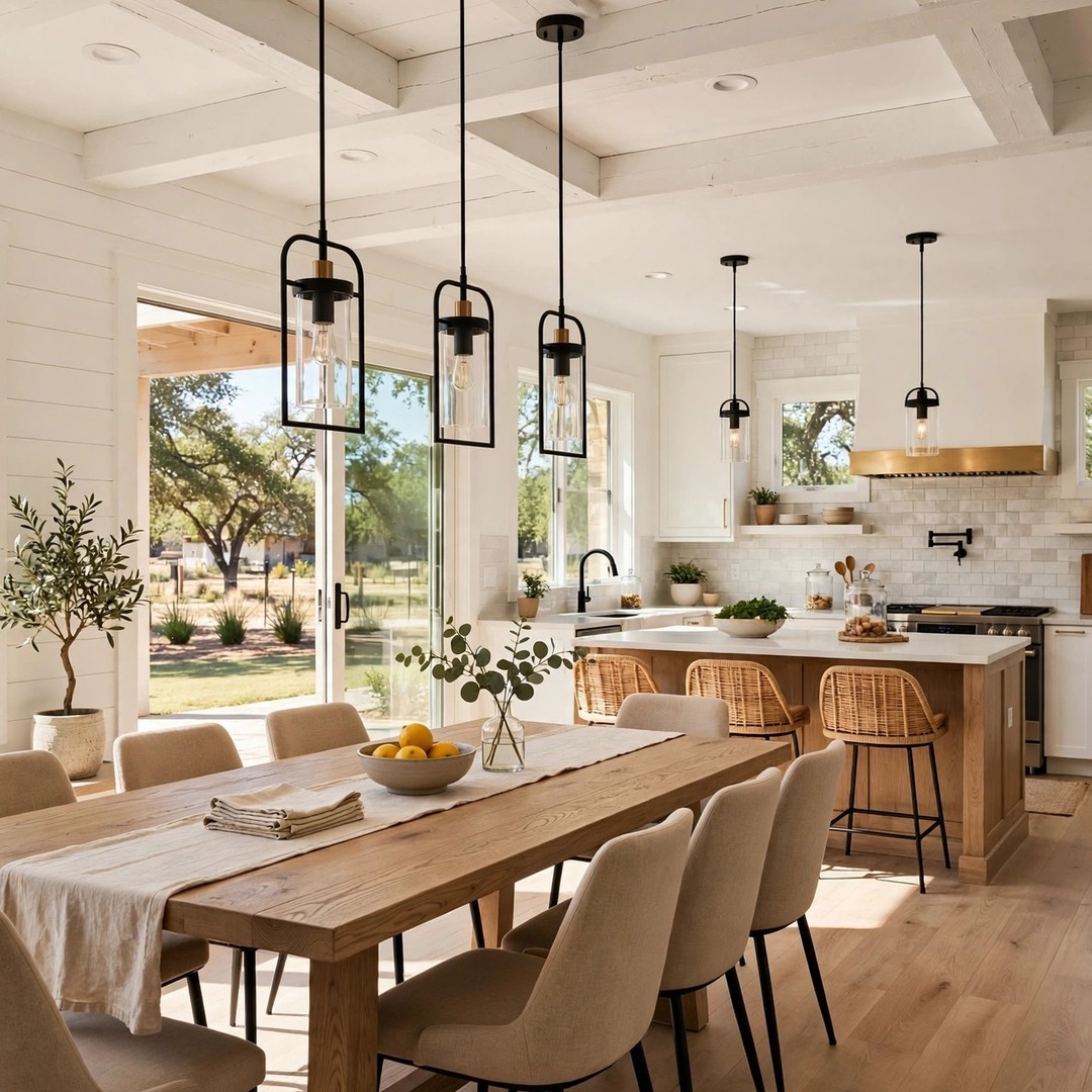 Dining Room Remodeling Lake Dallas TX - Open-Concept Dining Space Remodeled dining room opened to the kitchen with pendant lighting