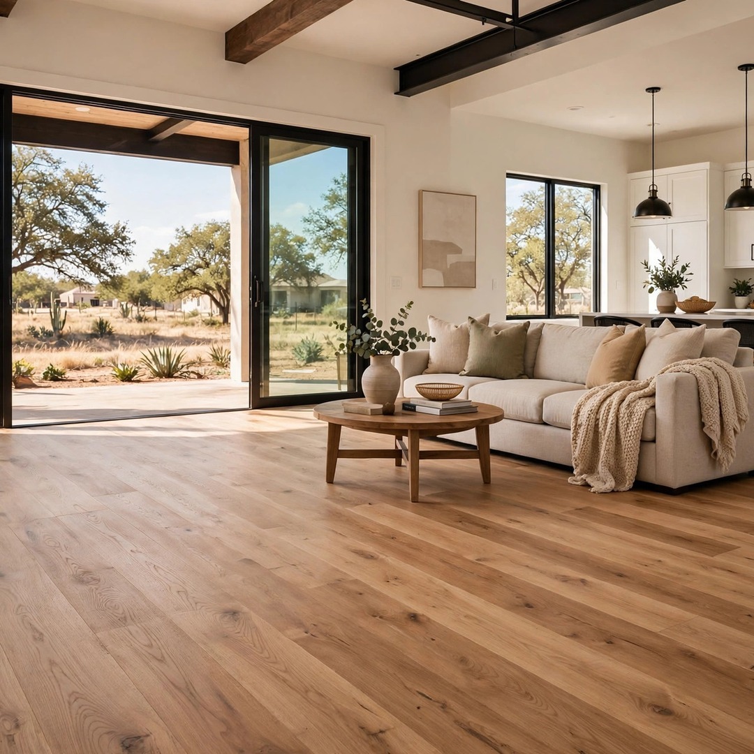 Lake Dallas TX Flooring - New Wide-Plank Hardwood Floors Wide-plank hardwood floors newly installed in an open living area