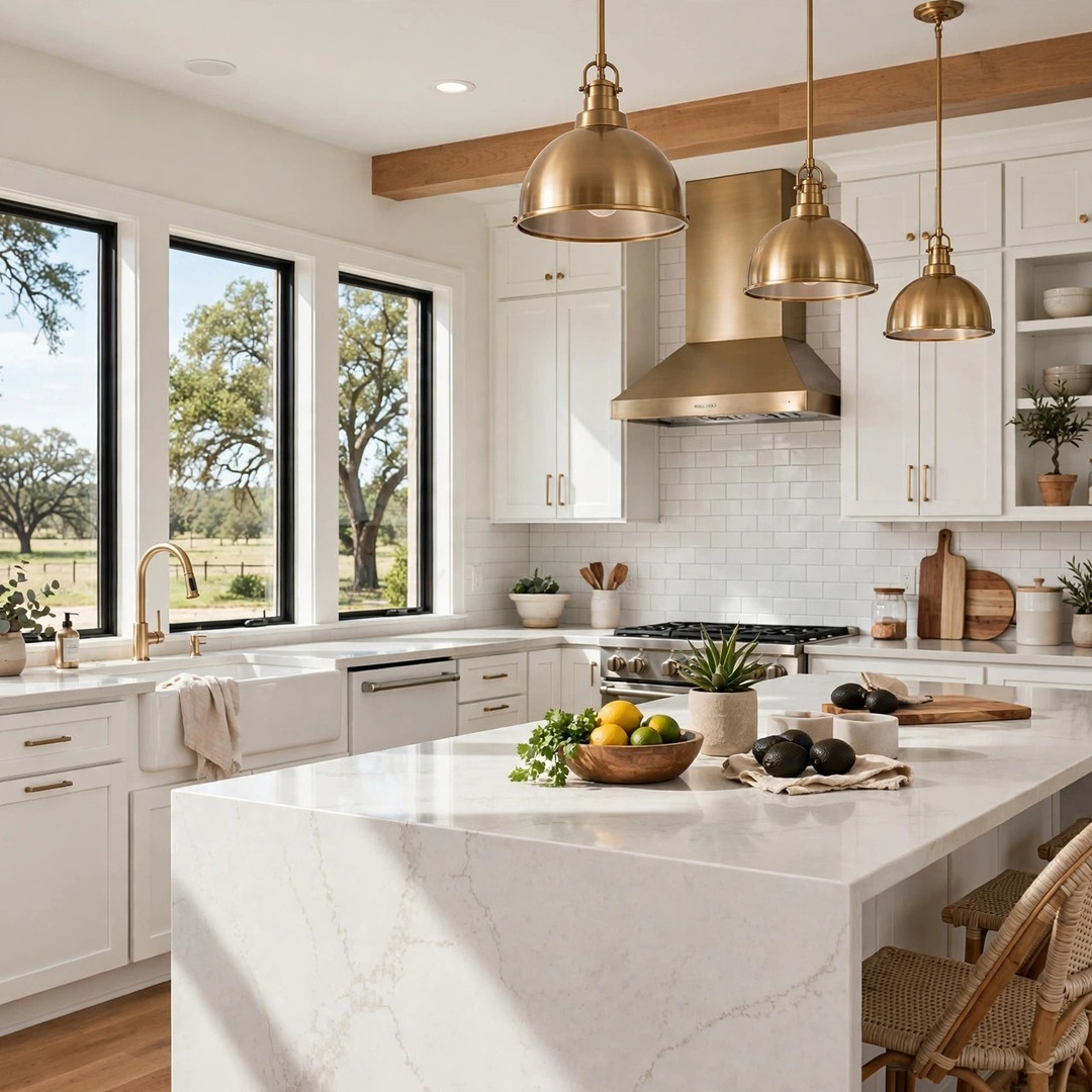 Kitchen Remodeling Lake Dallas TX - White Shaker Cabinets, Quartz Island Remodeled kitchen with white shaker cabinets, quartz waterfall island, and brass pendant lights