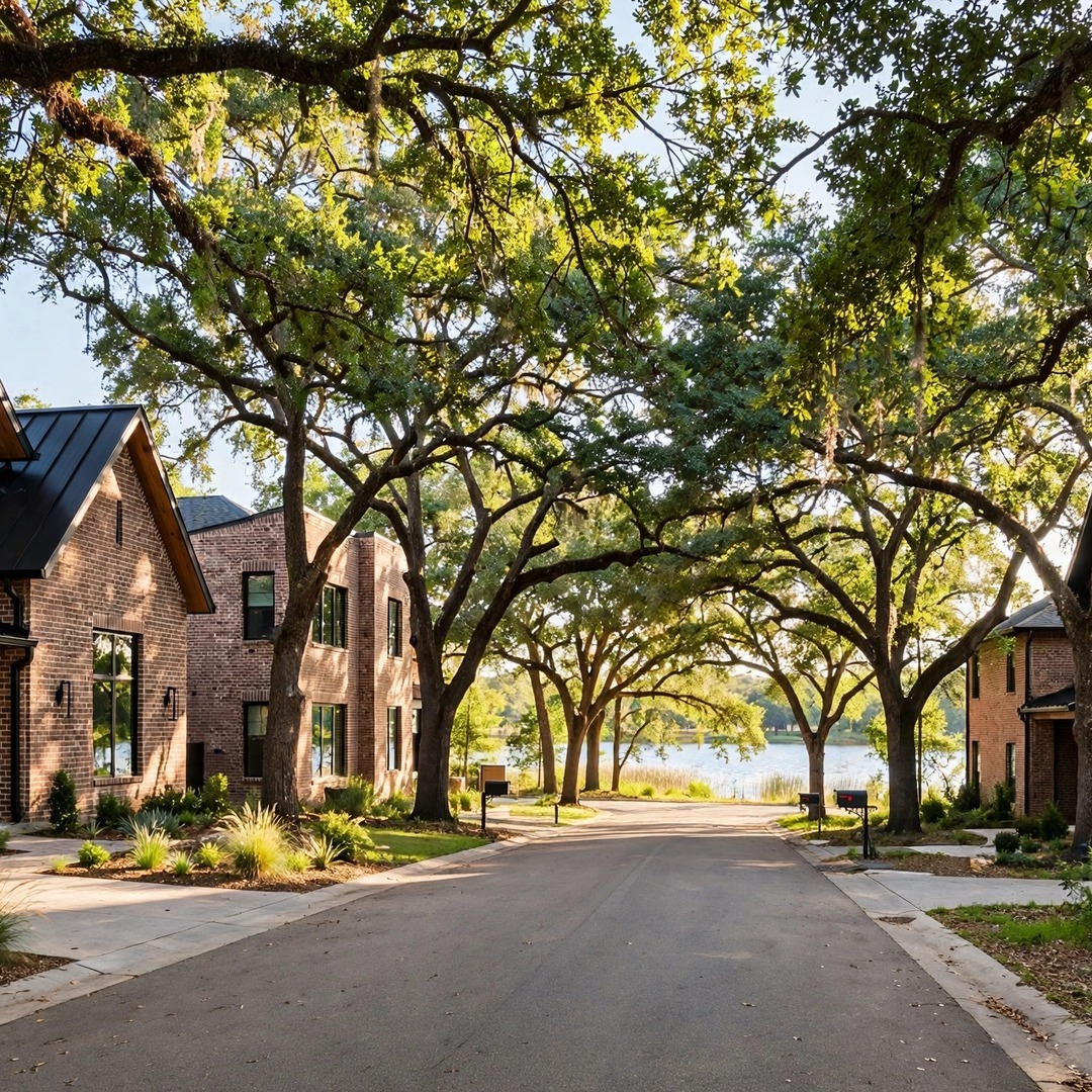 Lake Dallas TX Neighborhoods - Tree-Lined Lakeside Community Street Tree-lined lakeside street in Lake Dallas Texas with brick homes
