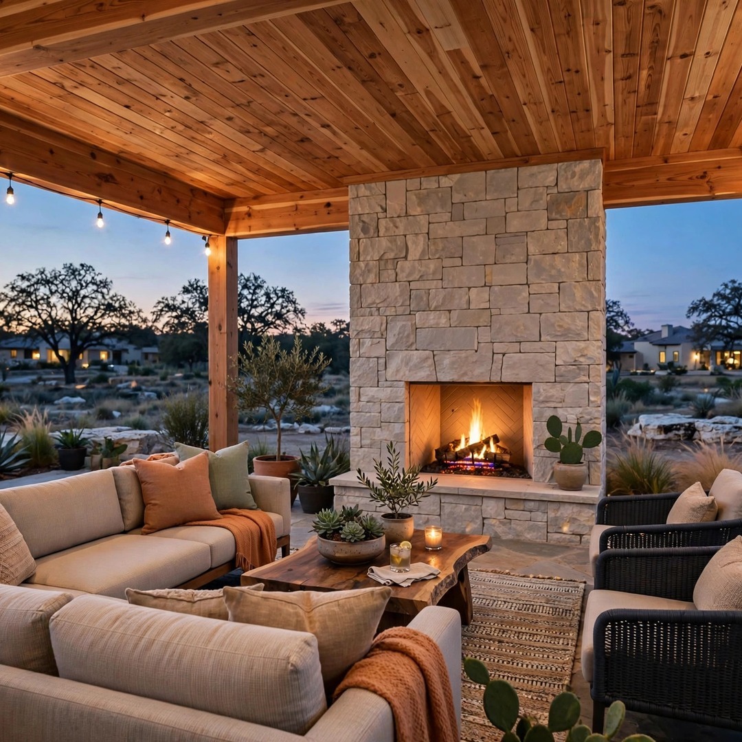 Lake Dallas TX Outdoor Living - Covered Cedar Patio with Stone Fireplace Covered cedar patio with stone fireplace and outdoor seating at dusk