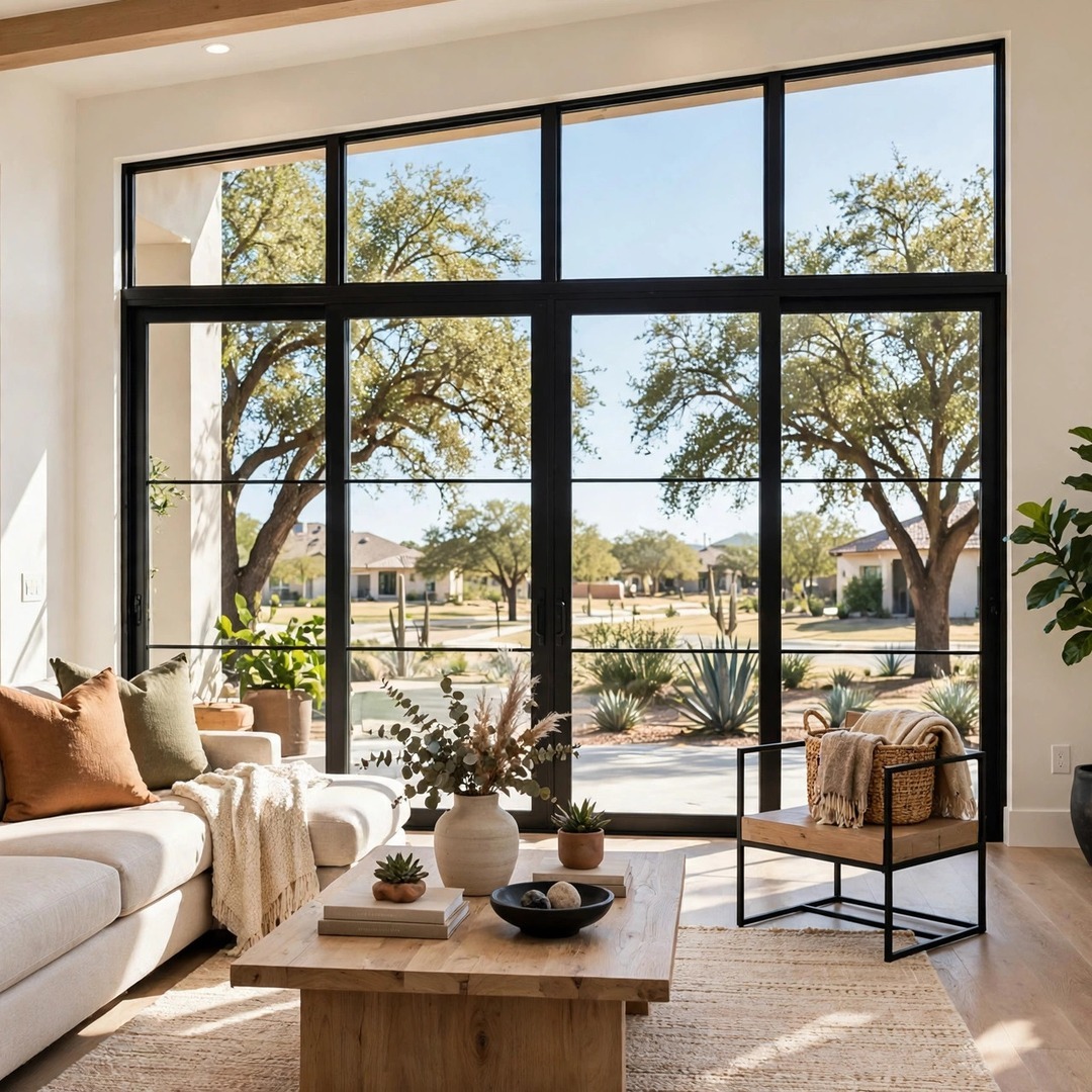 Lake Dallas TX Window Replacement - Bright Living Room with New Windows Bright living room with large new black-framed windows