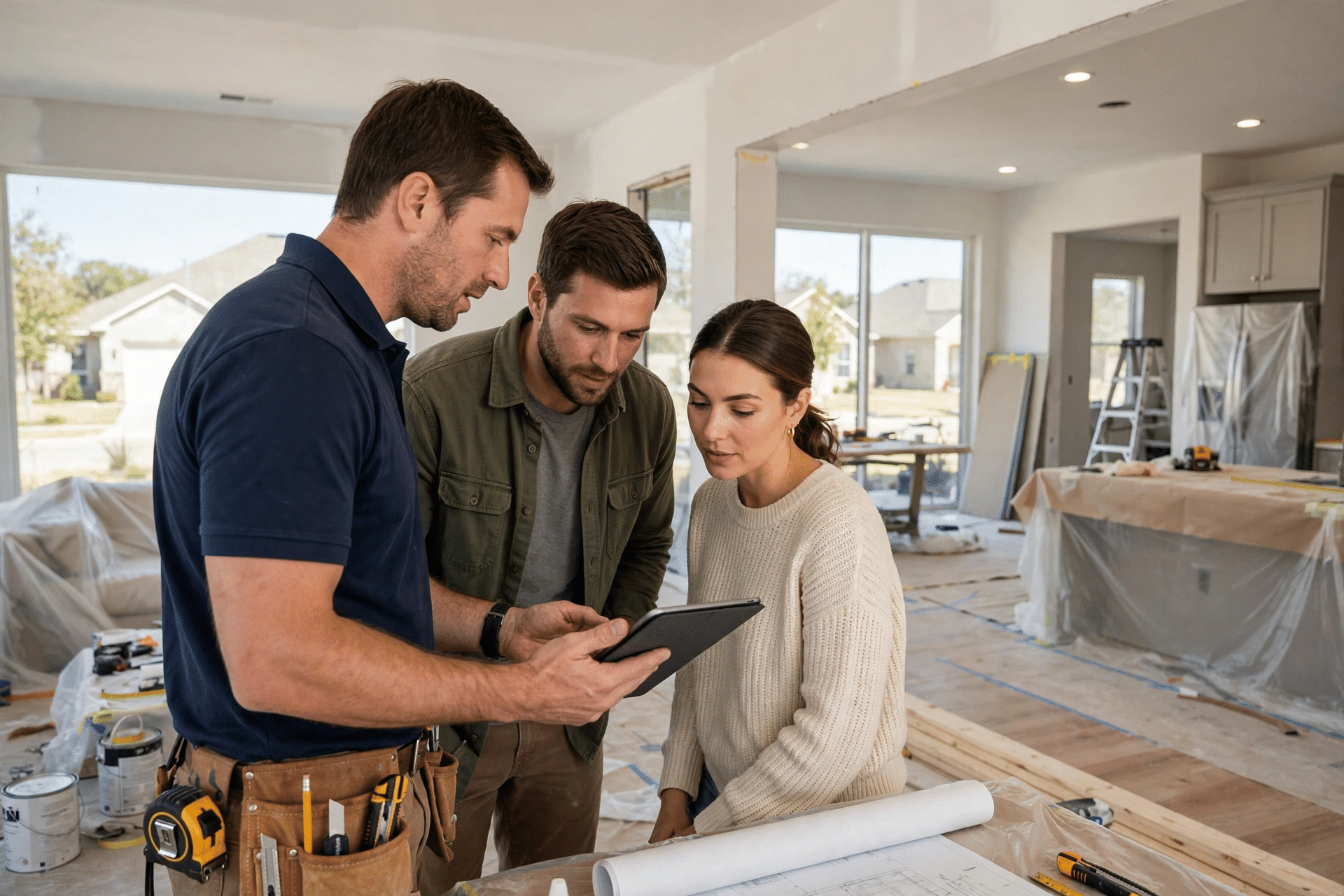 Contractor consulting with Lewisville homeowners about a whole home remodel