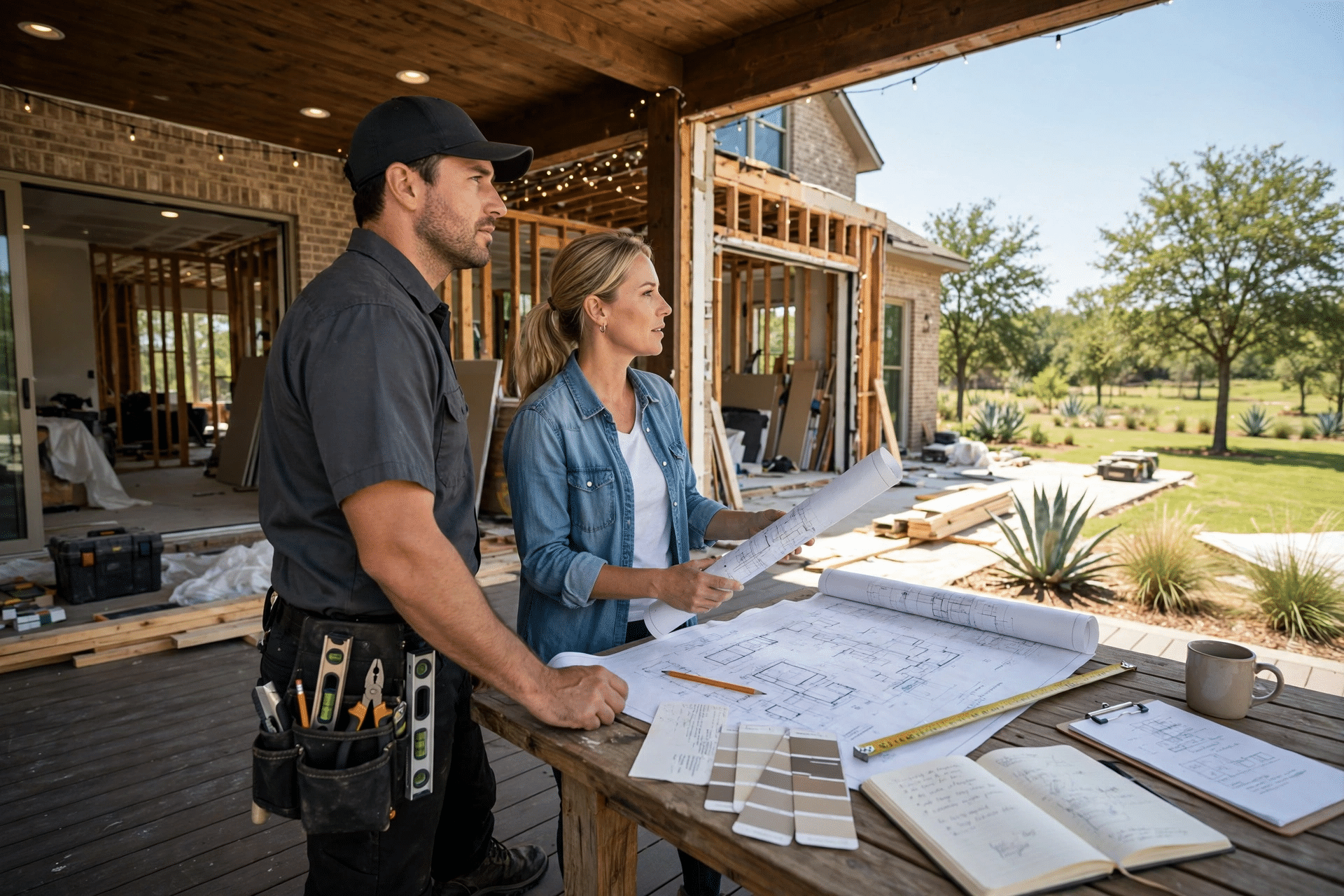 Contractor discussing addition plans with Little Elm homeowners