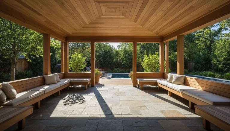 Kitchen Remodel Cost Denton TX 2 High-quality residential scene featuring a modern cedar patio cover installed over a spacious backyard deck with natural wood beams, shingles, stone flooring, and integrated seating under dramatic natural sunlight and shadows.