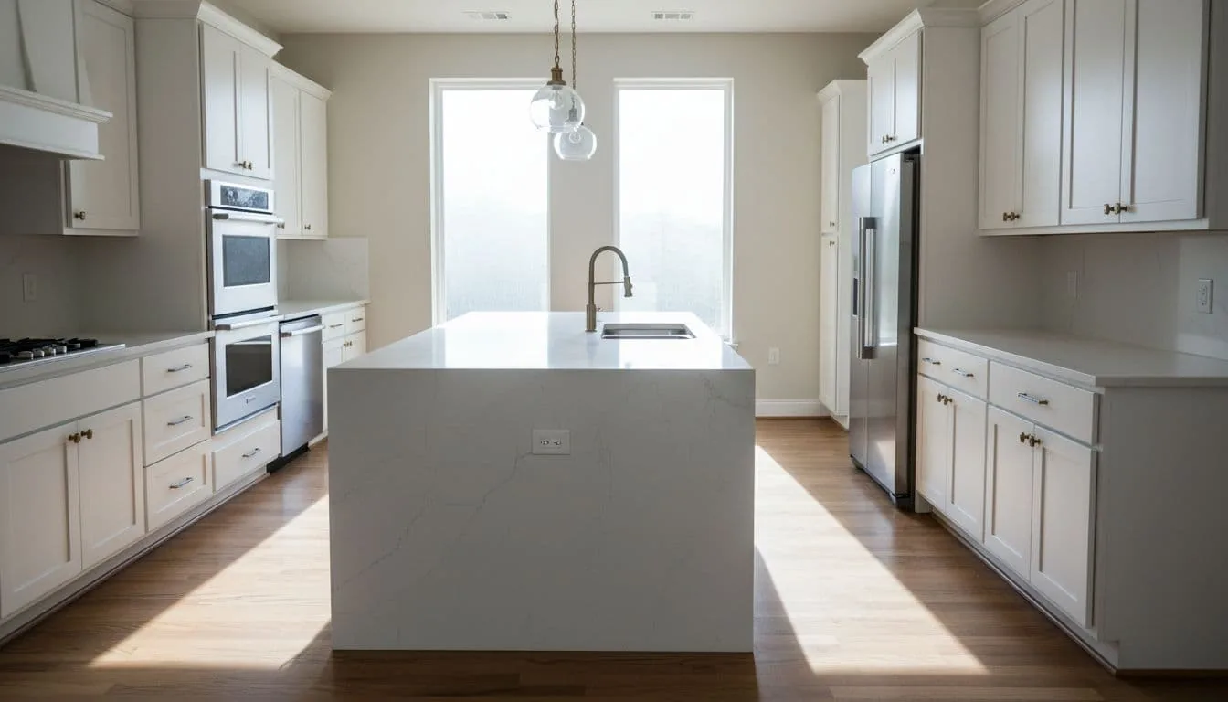 Kitchen Remodel Cost Denton TX 1 Completed high-quality kitchen remodel featuring clean modern design with shaker cabinets, quartz countertops on large island, stainless steel appliances, hardwood flooring, large windows, and subtle blue accents in cinematic style.