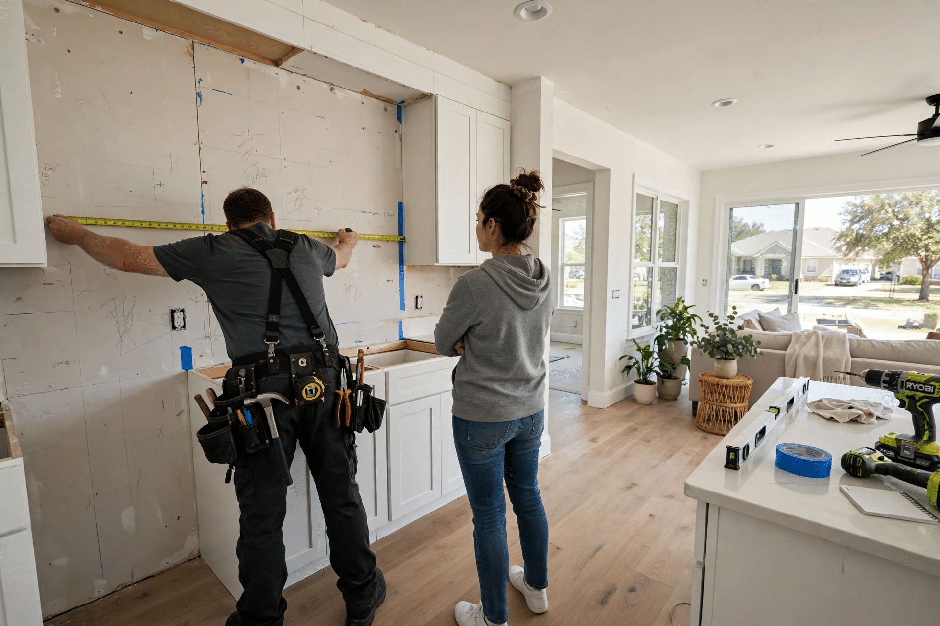 General Contractor Northlake TX 3 JBN designer walking Northlake homeowners through addition drawings at their kitchen island