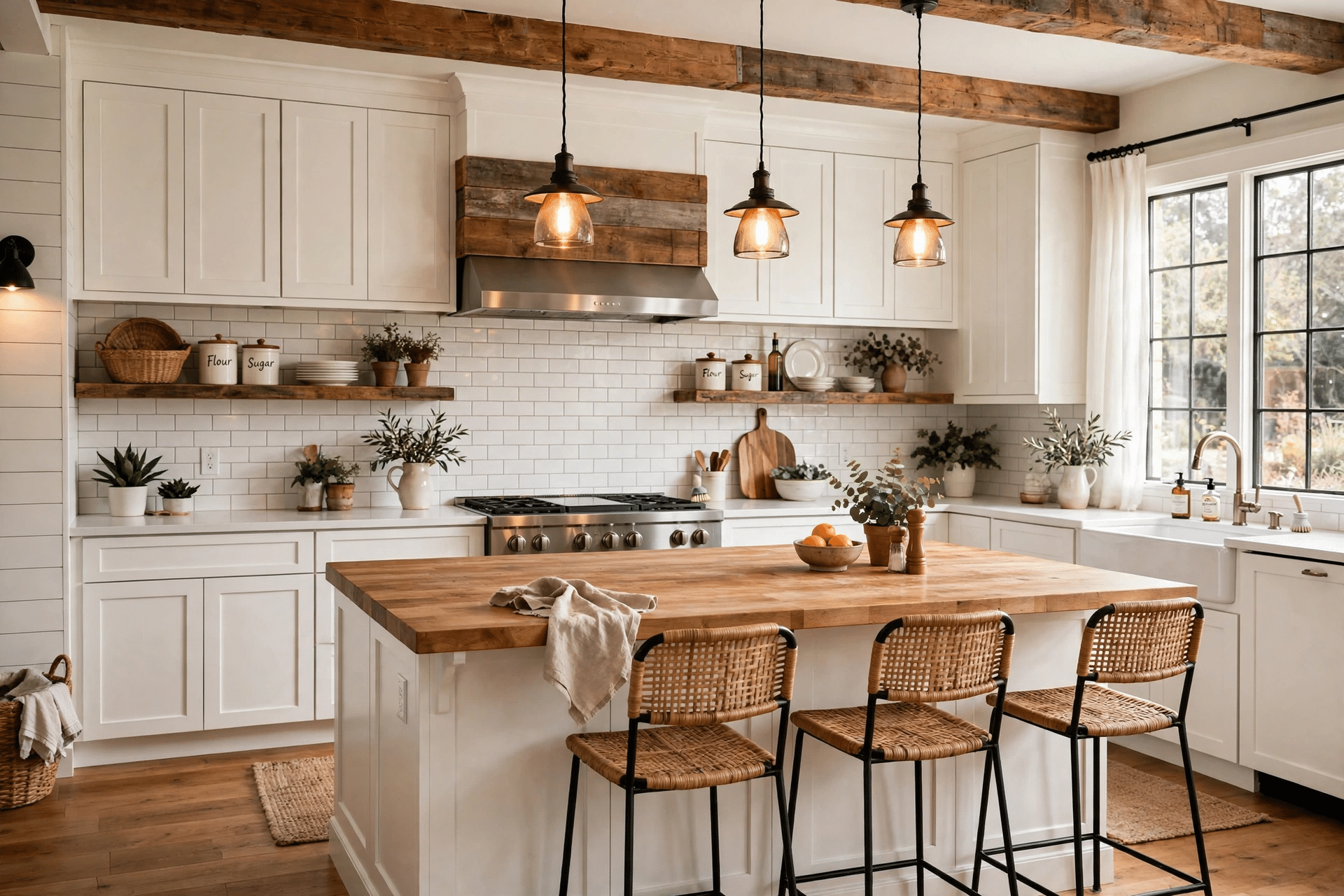 Remodeled modern kitchen with white shaker cabinets, quartz waterfall island, and brass pendant lights