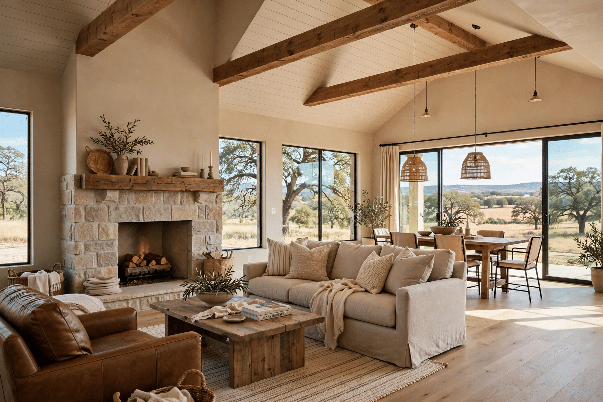 Open-concept living room after a whole-home remodel with vaulted wood-beam ceilings