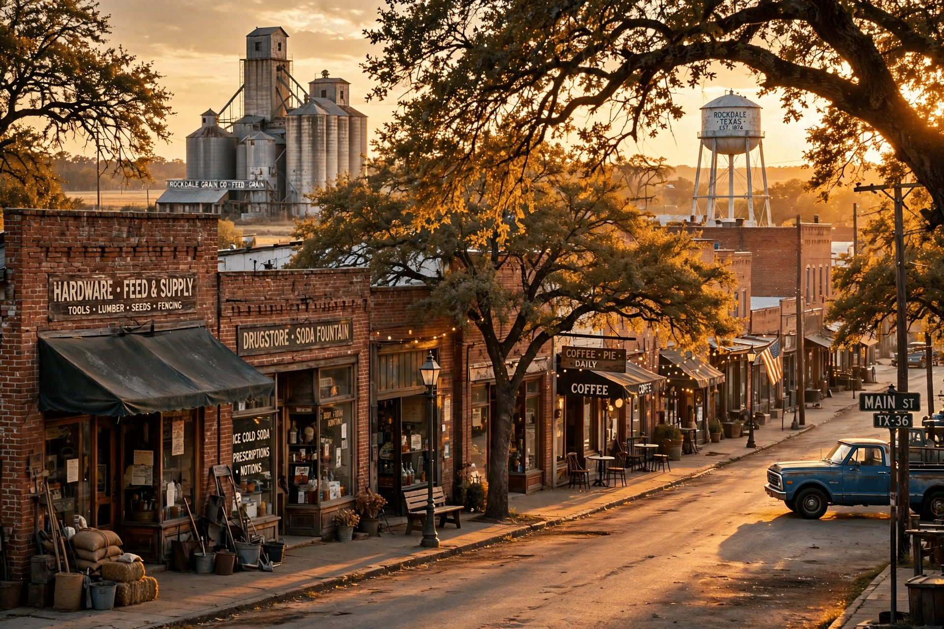 Historic small-town main street in Ponder Texas with brick storefronts at golden hour