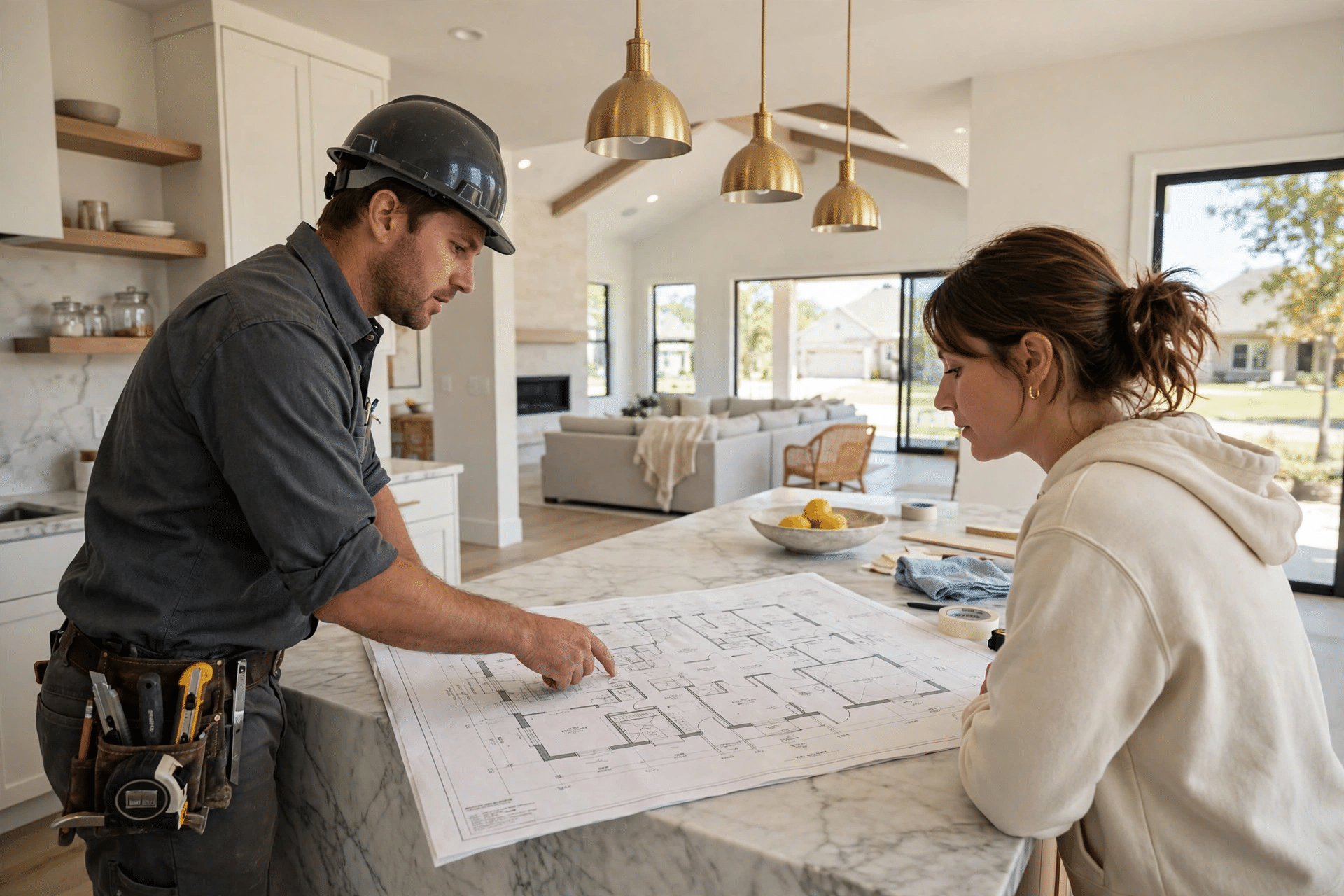 Contractor consulting with Prosper homeowners on an addition