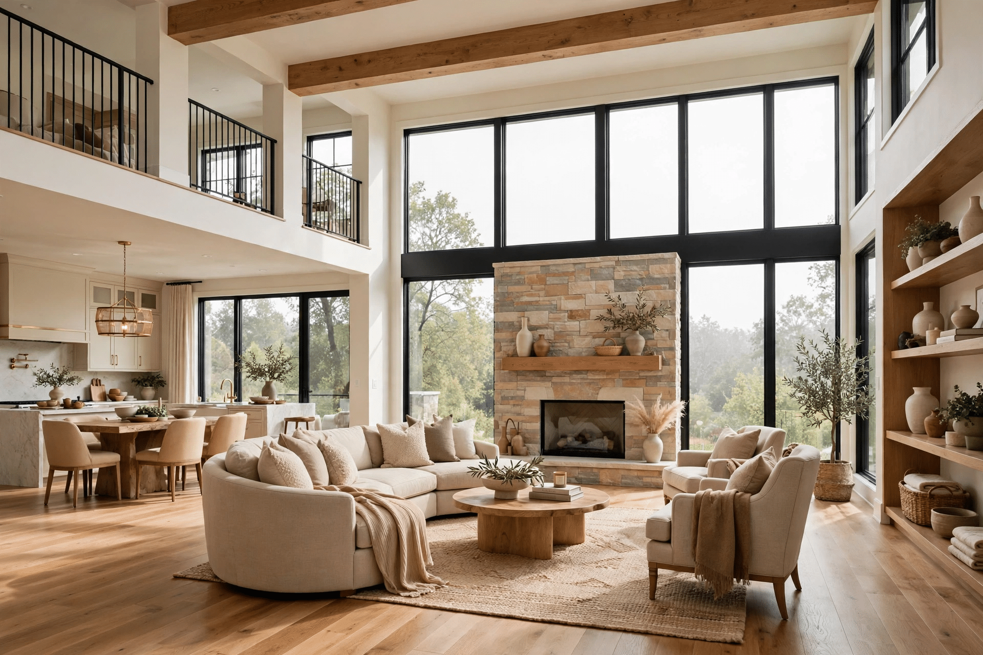 Remodeled living room with tall ceilings and new flooring in a Prosper home