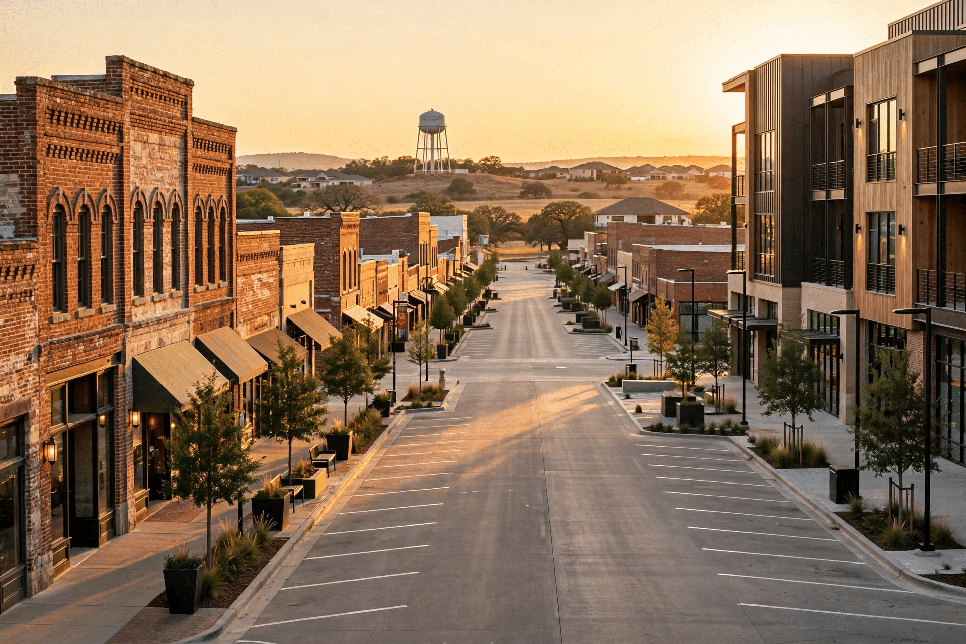 Prosper TX - Growing Town Blending Historic and New Texas town main street blending historic storefronts with new development at golden hour