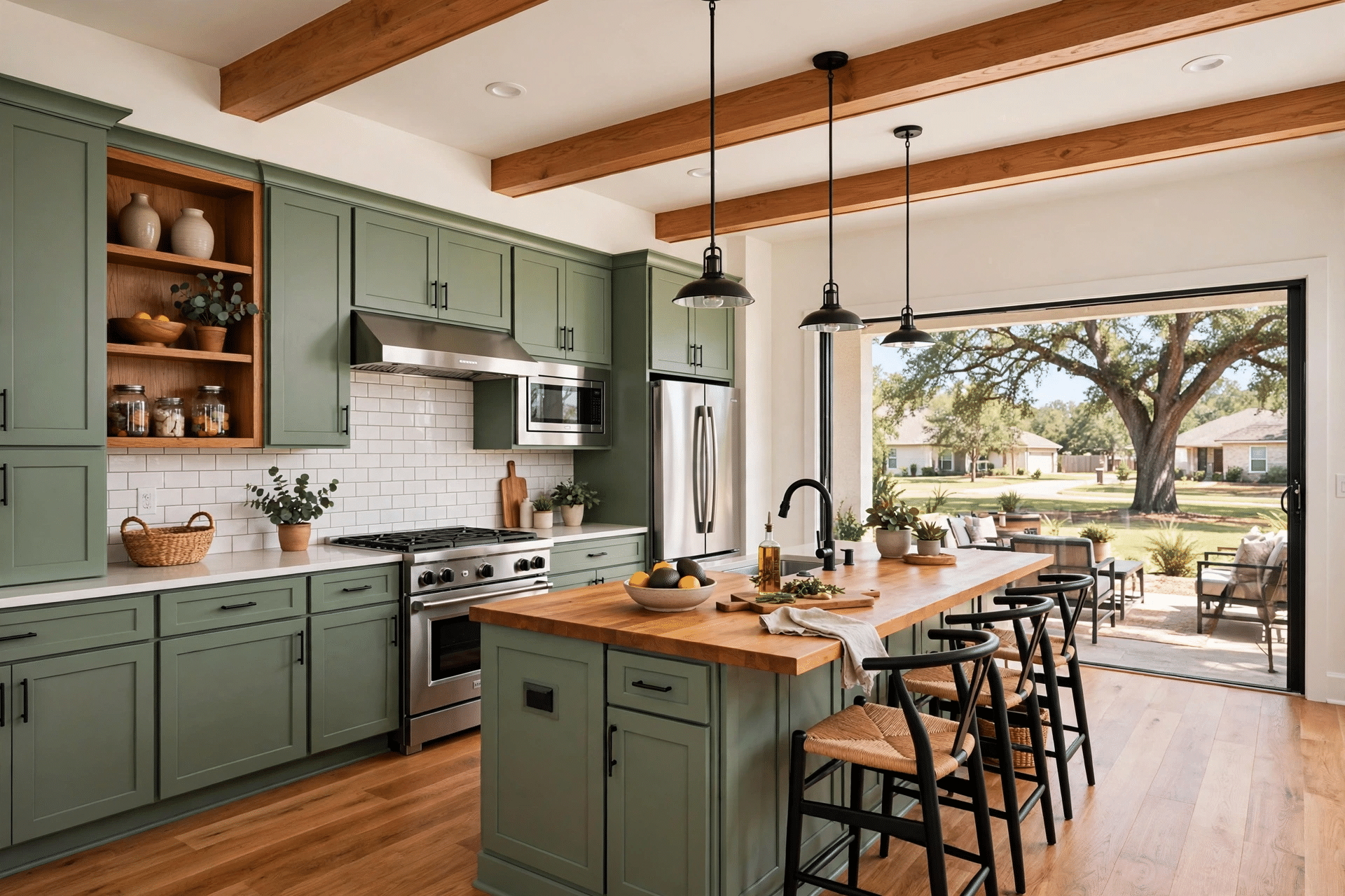 Kitchen rebuilt by a Roanoke contractor with a large island, shaker cabinets, and pendant lighting