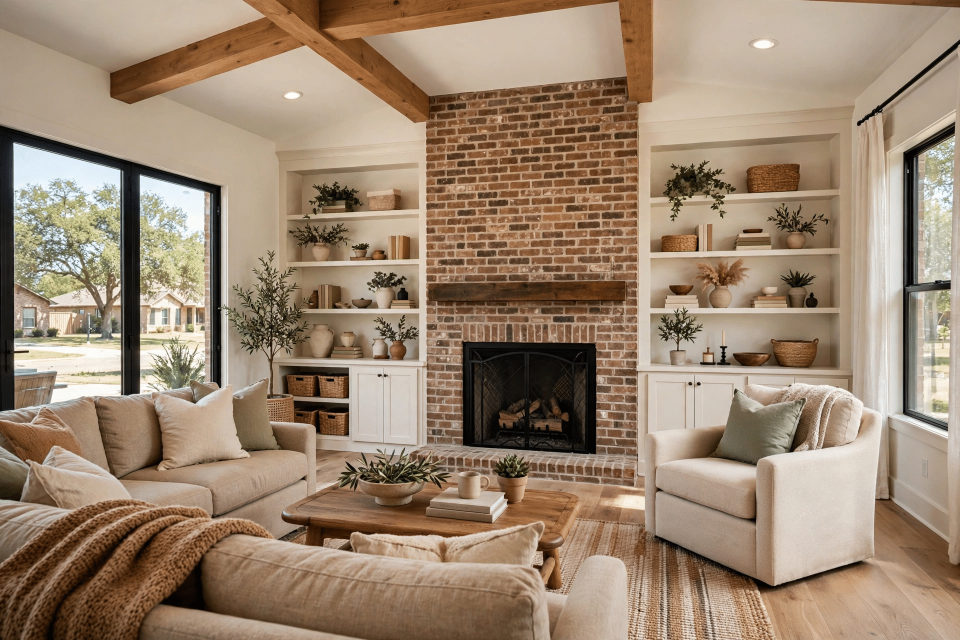 Open living room remodel in a Roanoke TX home with wide plank floors and a view into the new kitchen