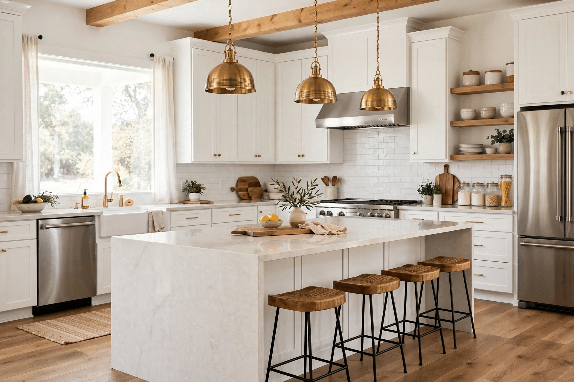 Remodeled kitchen with shaker cabinets and quartz countertops