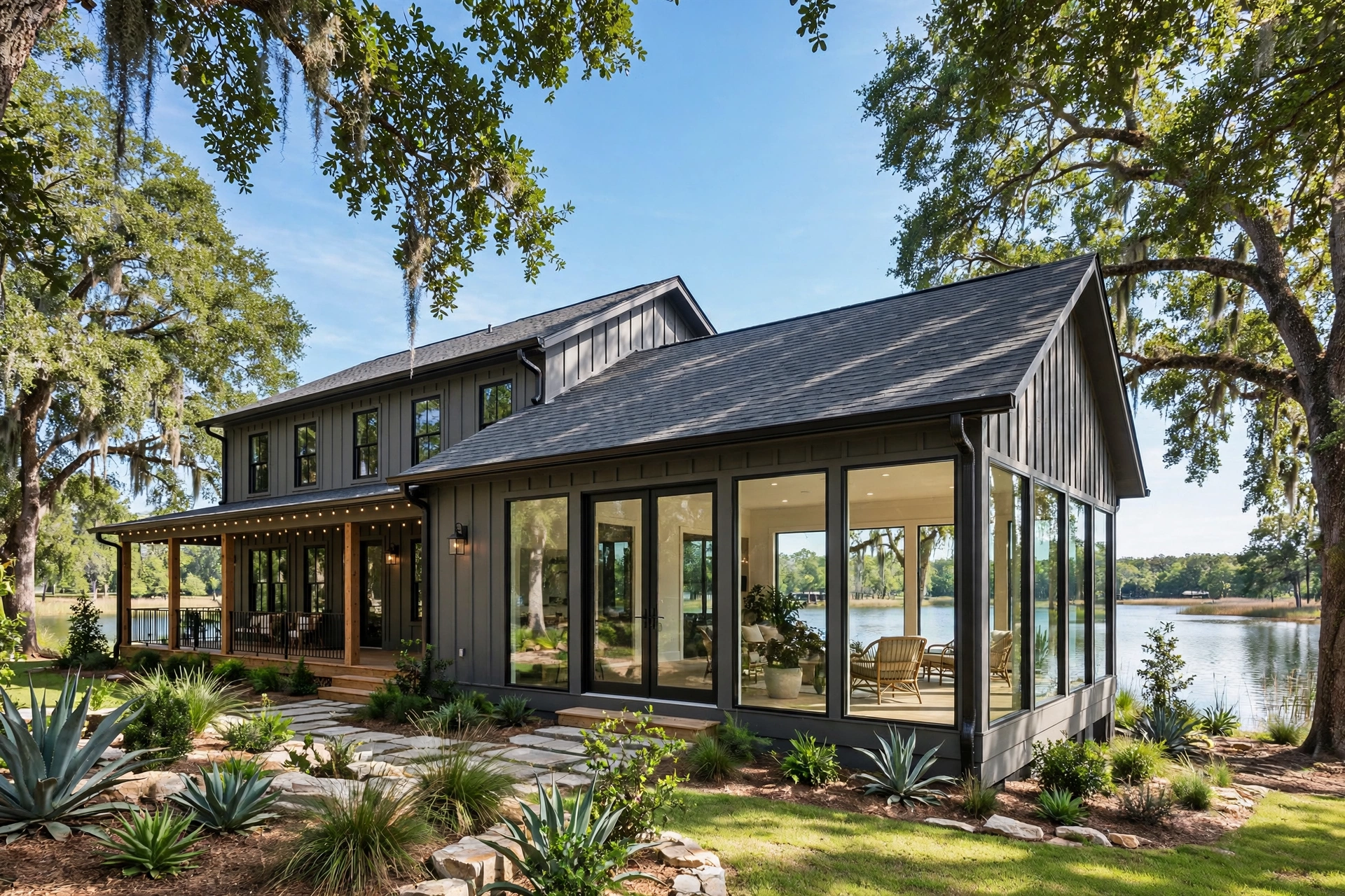 Lake house sunroom addition exterior with wall of windows overlooking the lake