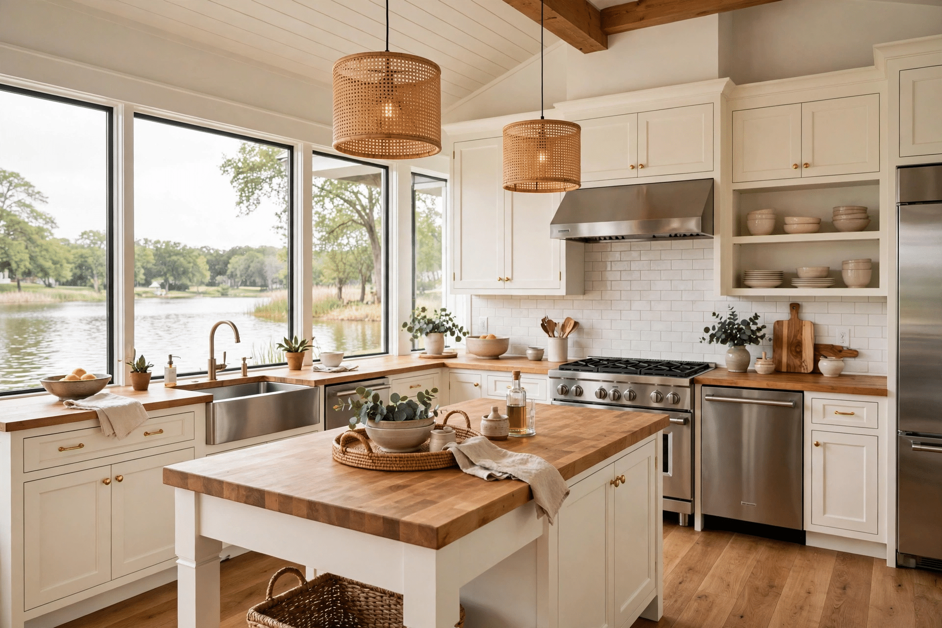 Remodeled lake house kitchen with warm white cabinetry and large windows overlooking the water