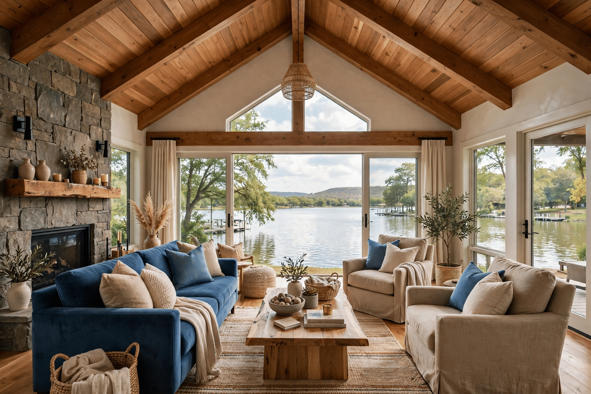Cozy lake house living room after a whole-home remodel with vaulted wood ceiling and lake views