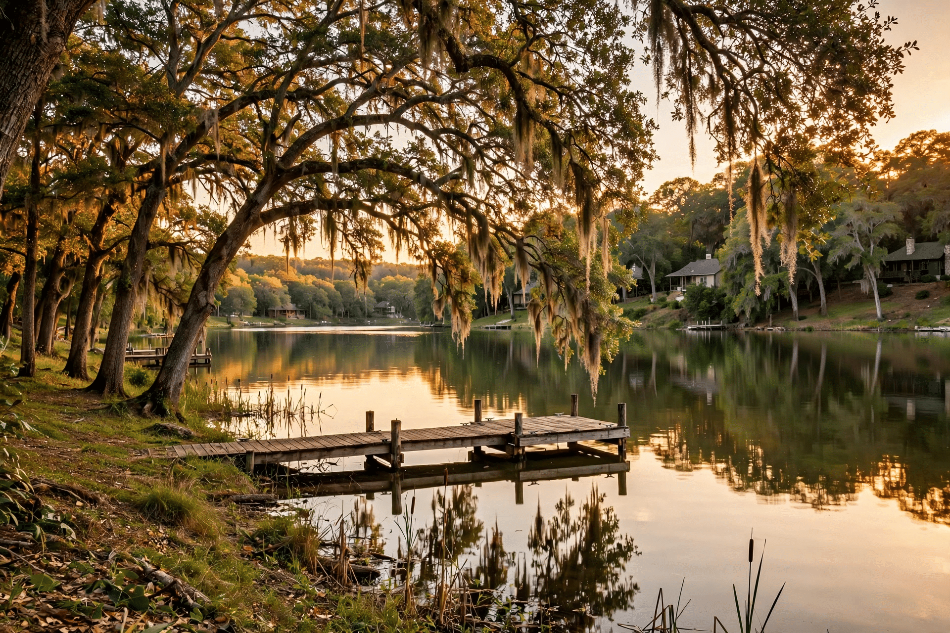 Serene Lewisville Lake shoreline at golden hour with shade trees and lakeside homes