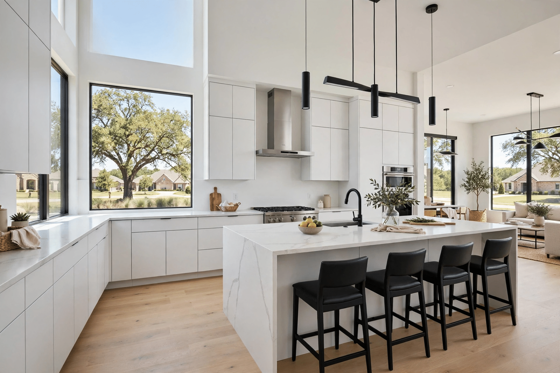 Remodeled kitchen in a The Colony TX home with island seating and quartz counters