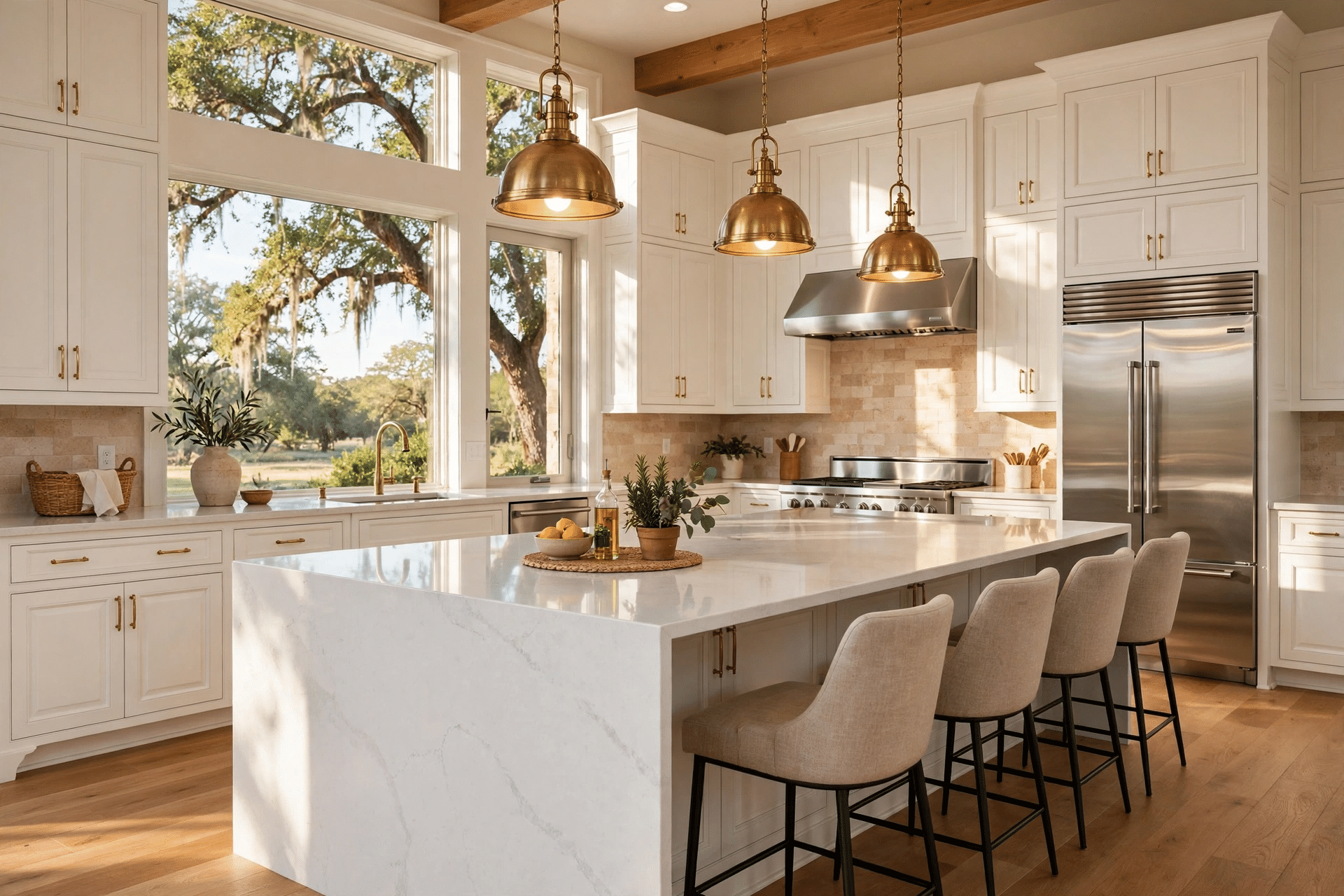 Kitchen Remodeling Trophy Club TX - Custom Cabinets, Quartz Island Remodeled luxury kitchen with custom white shaker cabinets, quartz waterfall island, and brass pendant lights