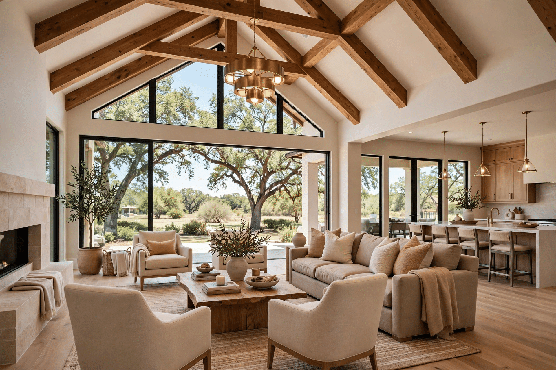 Whole-Home Remodeling Trophy Club TX - Open-Concept Living Room with Wood Beams Open-concept living room after a whole-home remodel with vaulted wood-beam ceilings