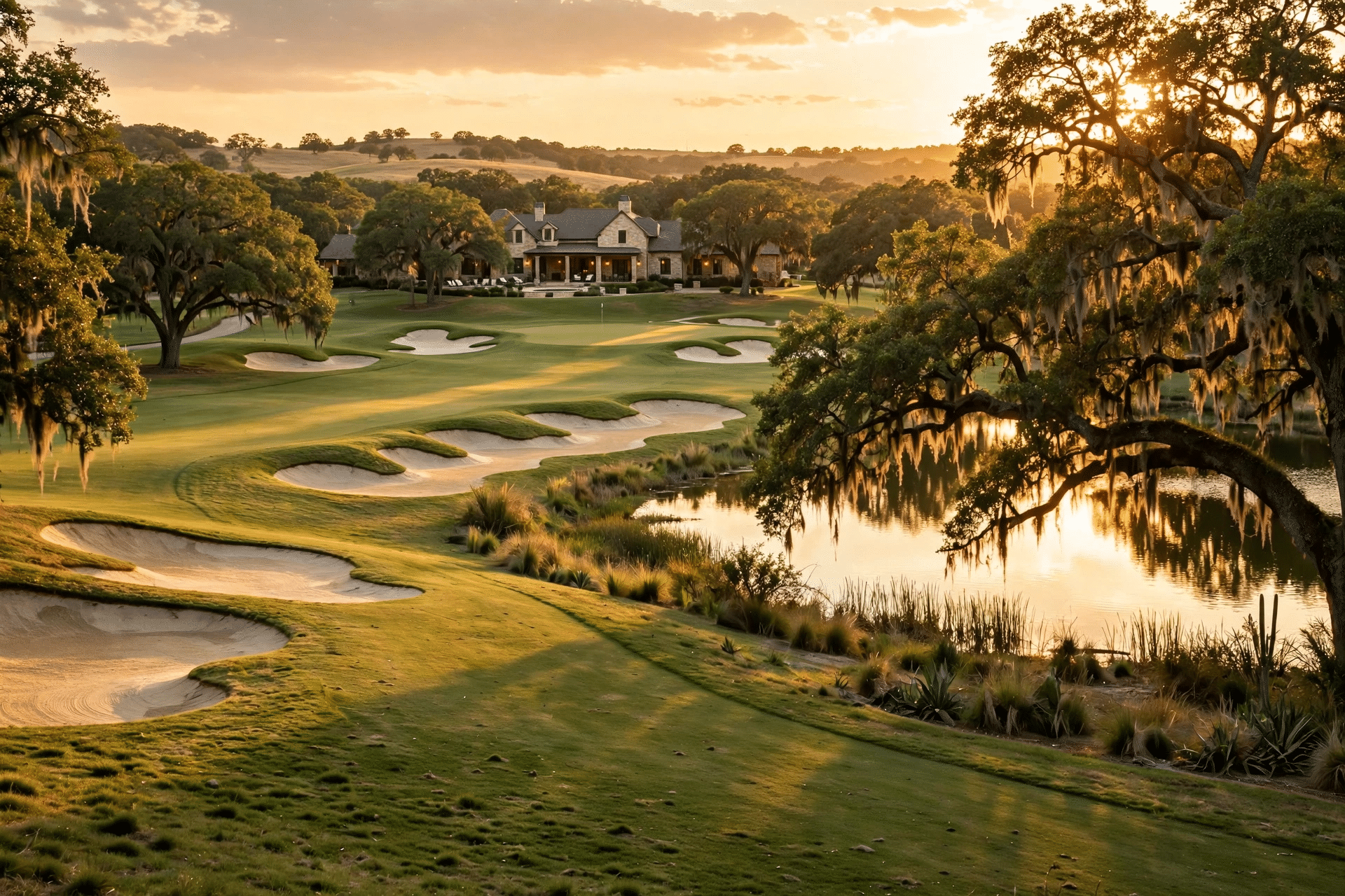 Trophy Club TX - Championship Golf Course at Golden Hour Championship golf course fairways in Trophy Club TX with manicured greens and oak trees at golden hour